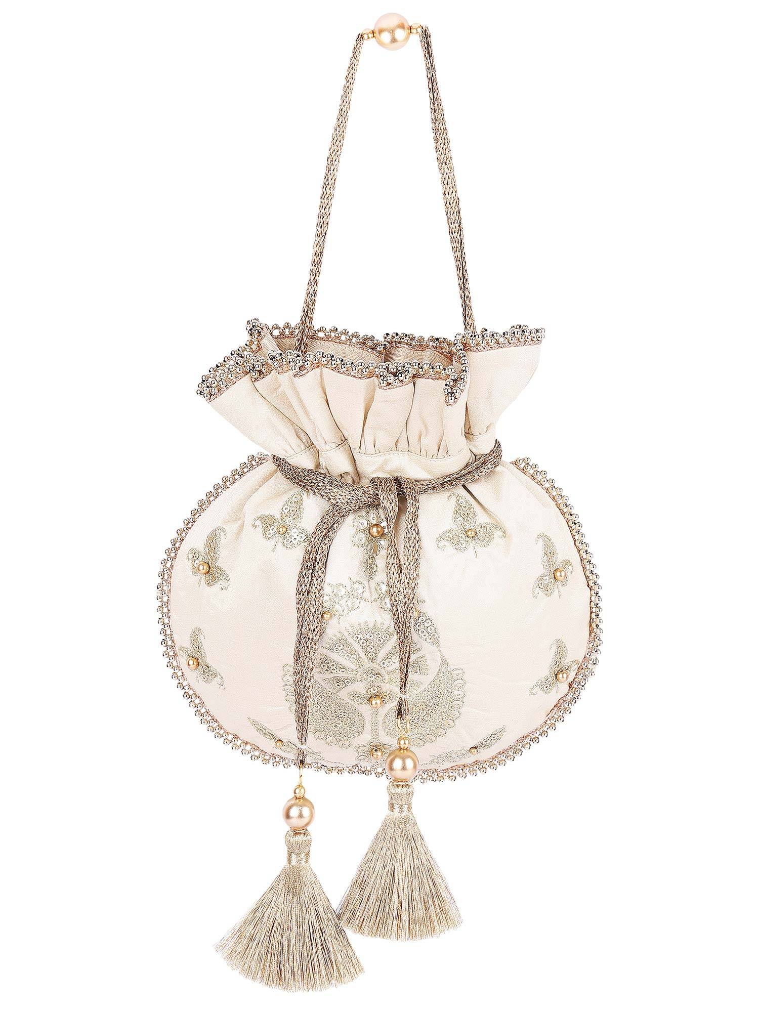 MasQ Women's Silk Beige Kairi Embroidered Potli Bag