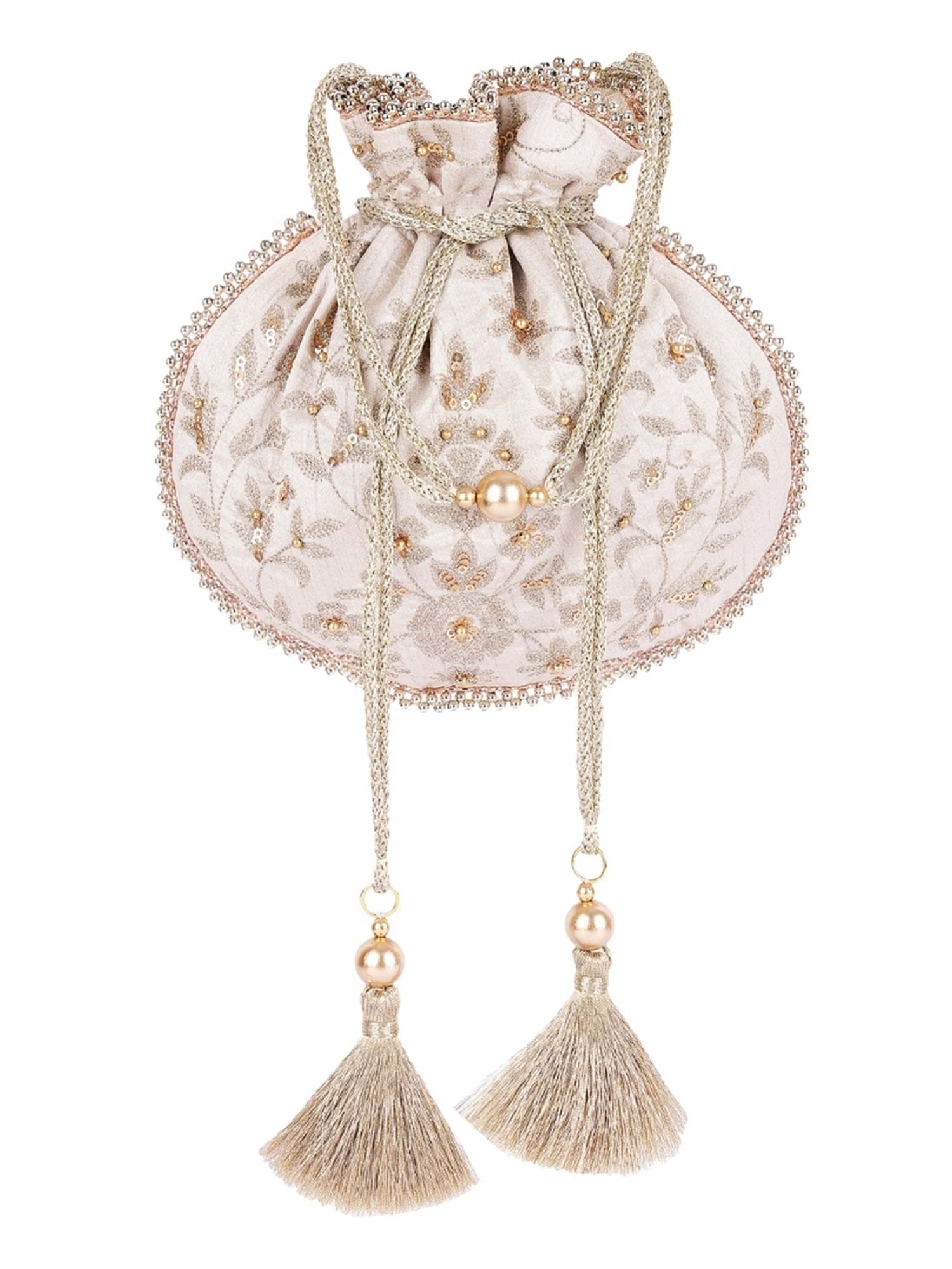 MasQ Women's Silk Beige Lucknowi Embroidered Potli Bag