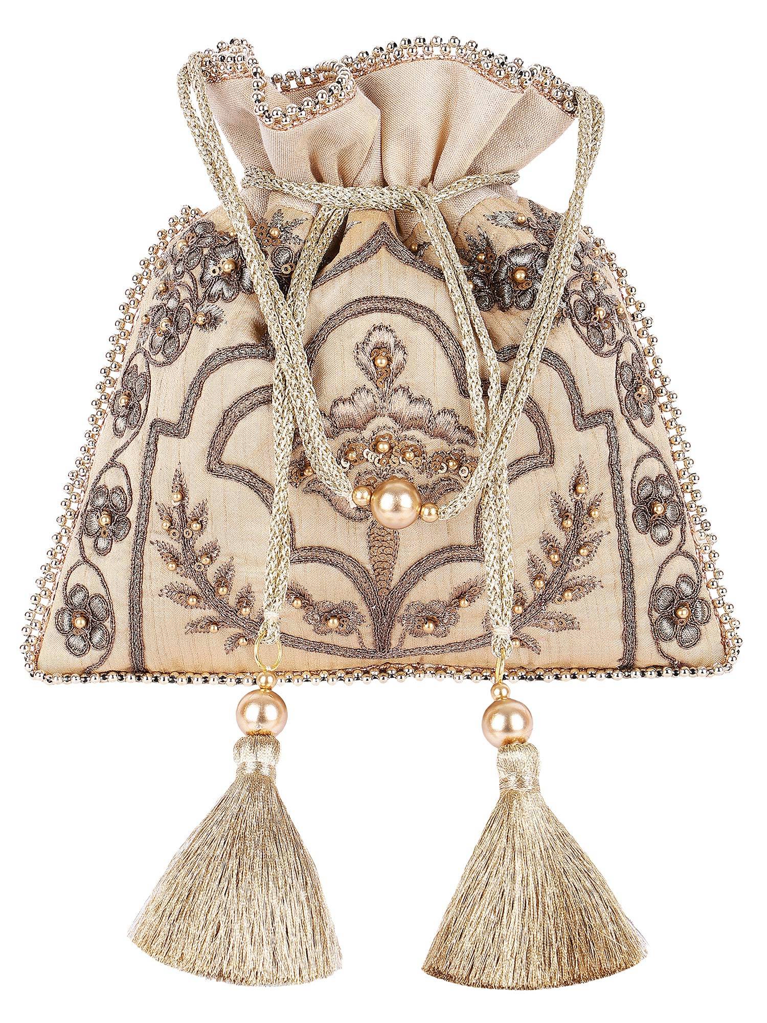 MasQ Women's Silk Beige Taj Embroidered Potli Bag