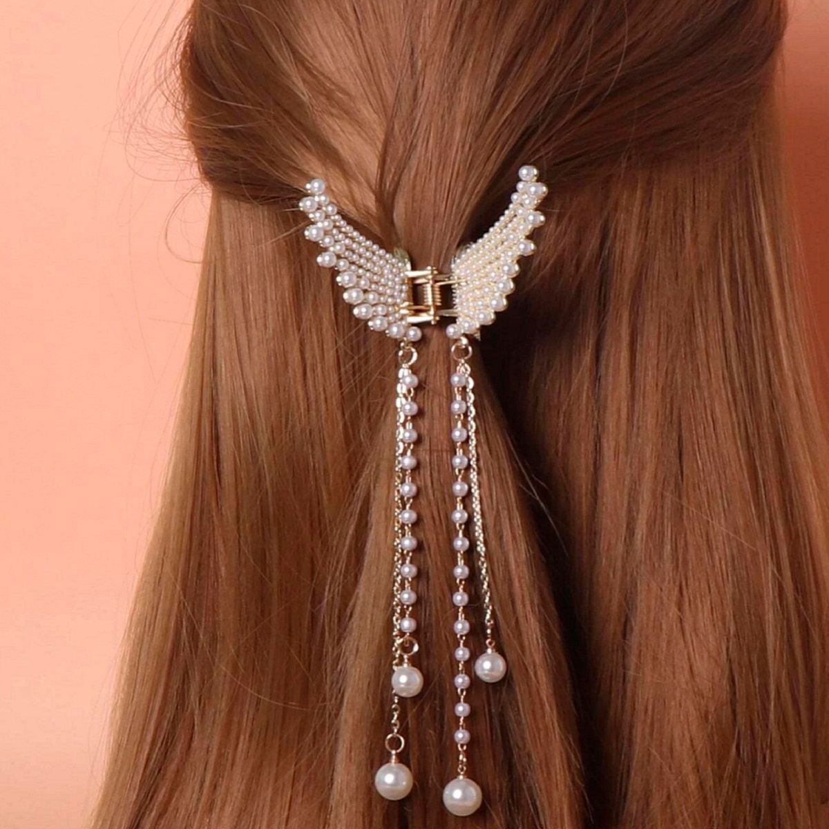 OOMPH White Pearls Angel Wings and Tassel Hair Claw Clip