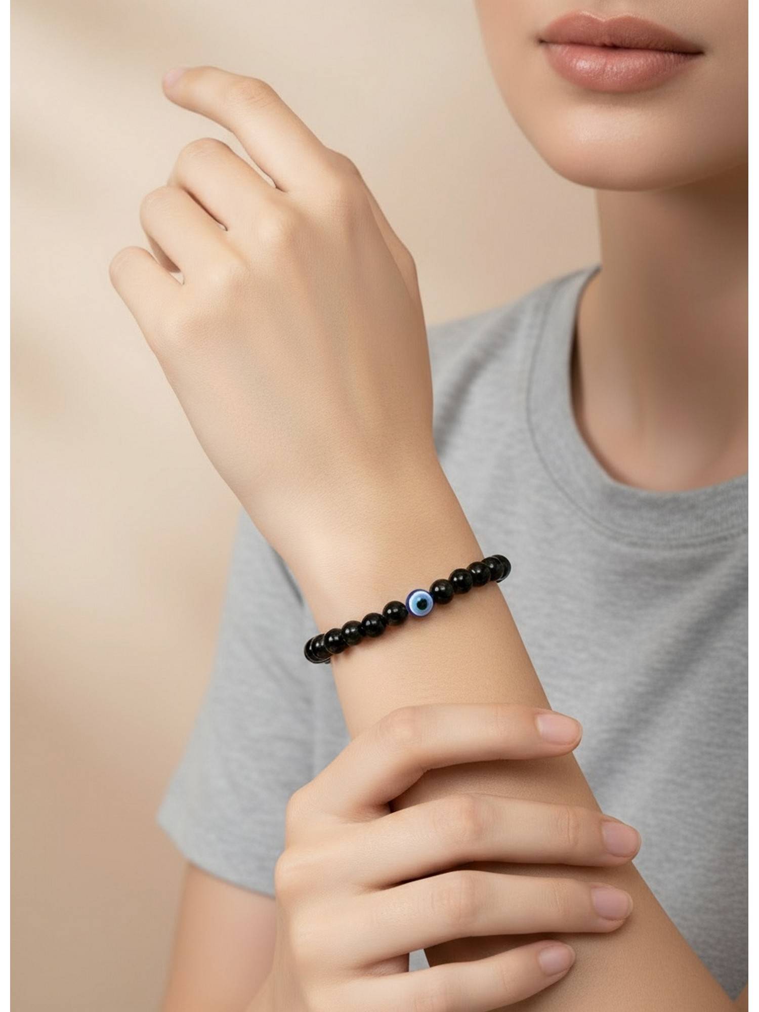 NVR Marble Crystal Black Beaded Elasticated Bracelet