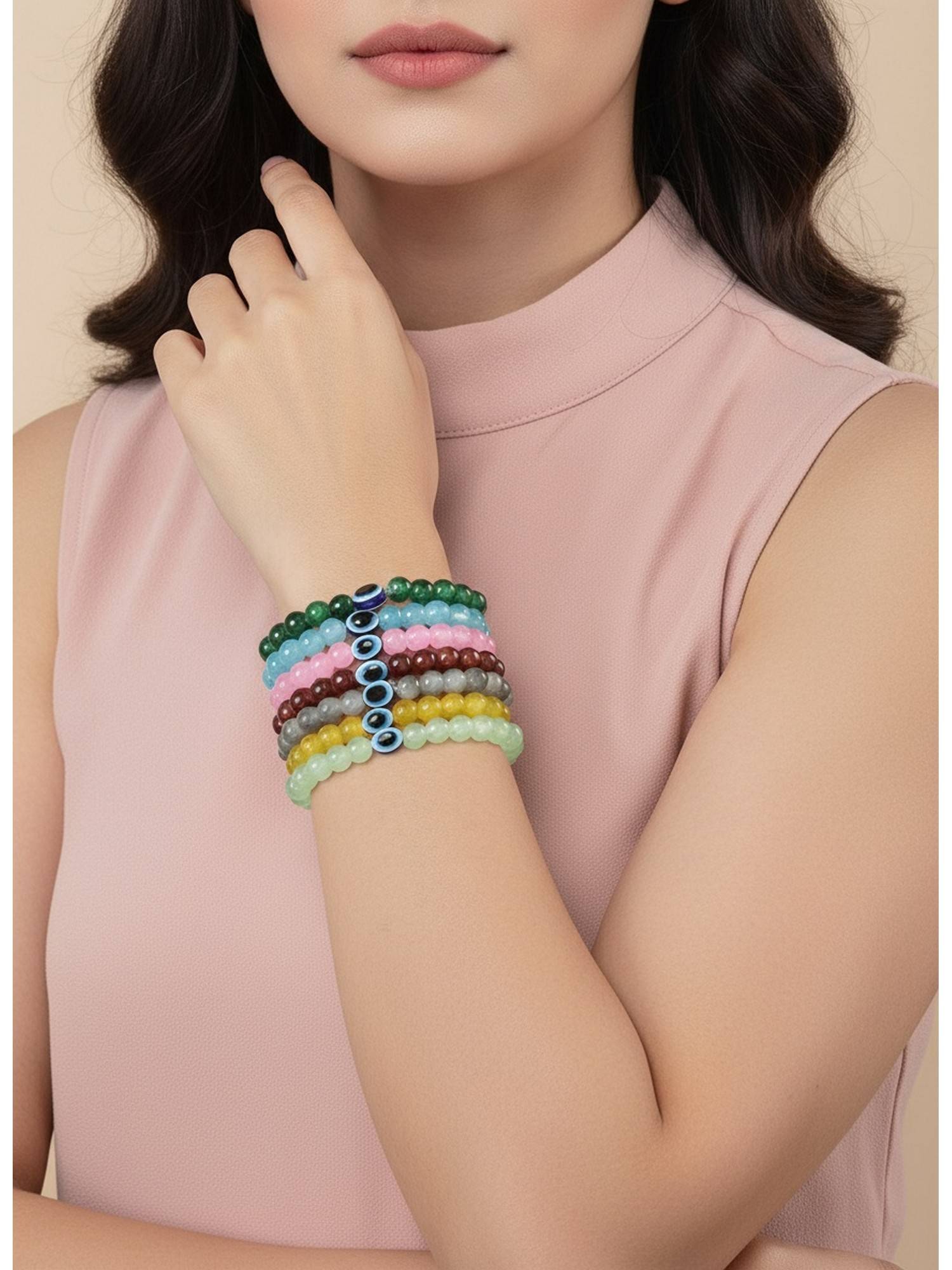 NVR Crystals Multi-Color Beaded Evil Eye Elasticated Bracelet (Pack Of 7)