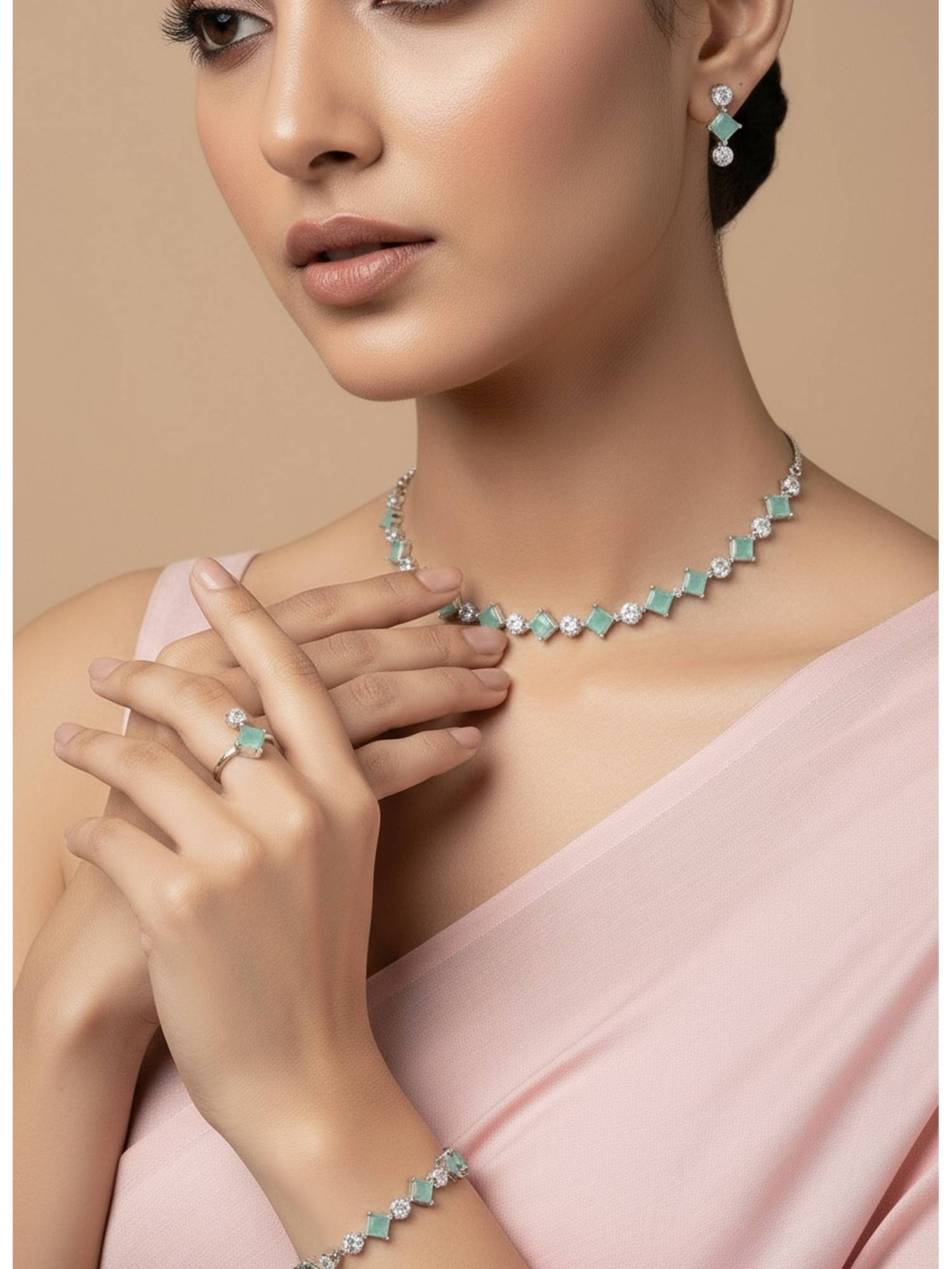 NVR Green Cubic Zirconia Stone Studded Handcrafted Jewellery Set