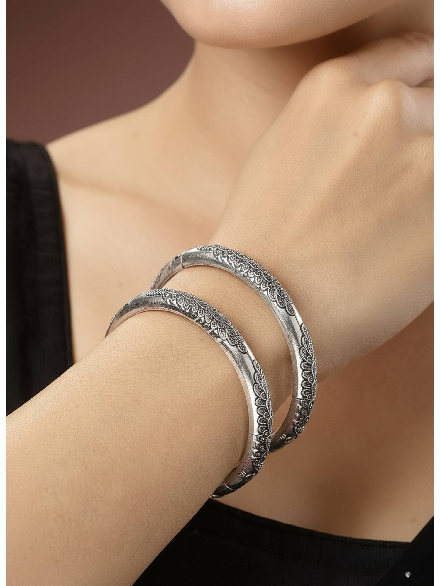 NVR Silver-Toned German Silver Peacock Design Oxidised Kada Bangle (Pack of 2)