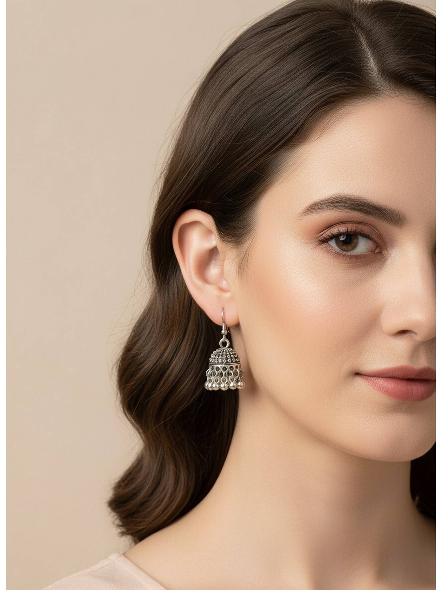 NVR Silver Toned German Silver Oxidised Dome Shaped Jhumka Earrings