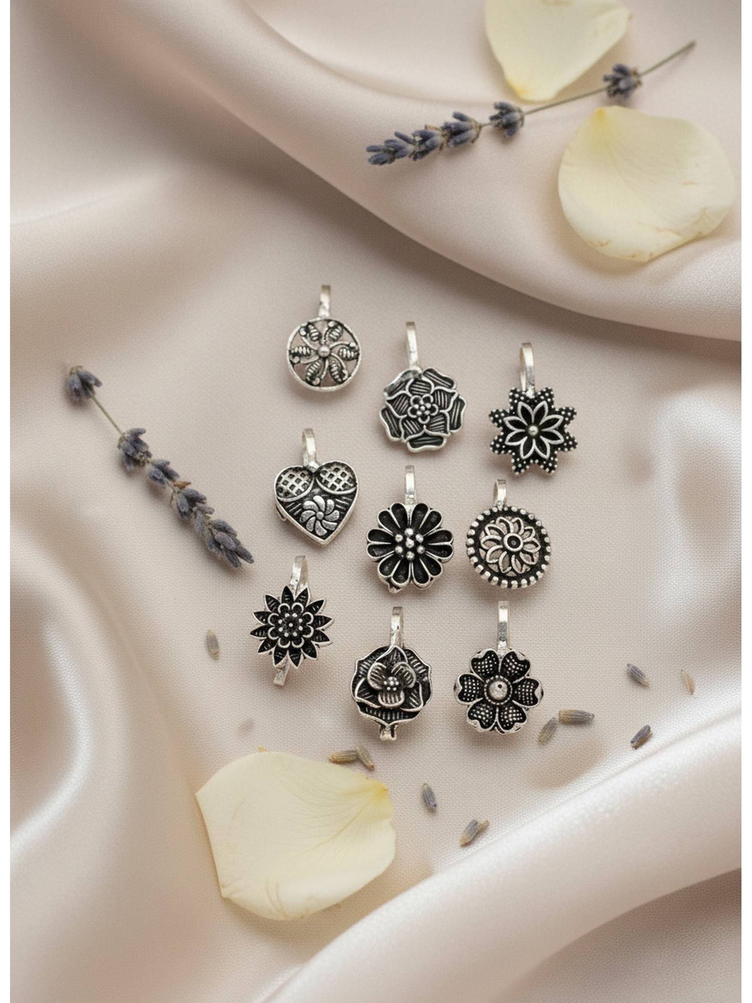 NVR Silver-Plated German Silver Nose Pins (Pack Of 9)