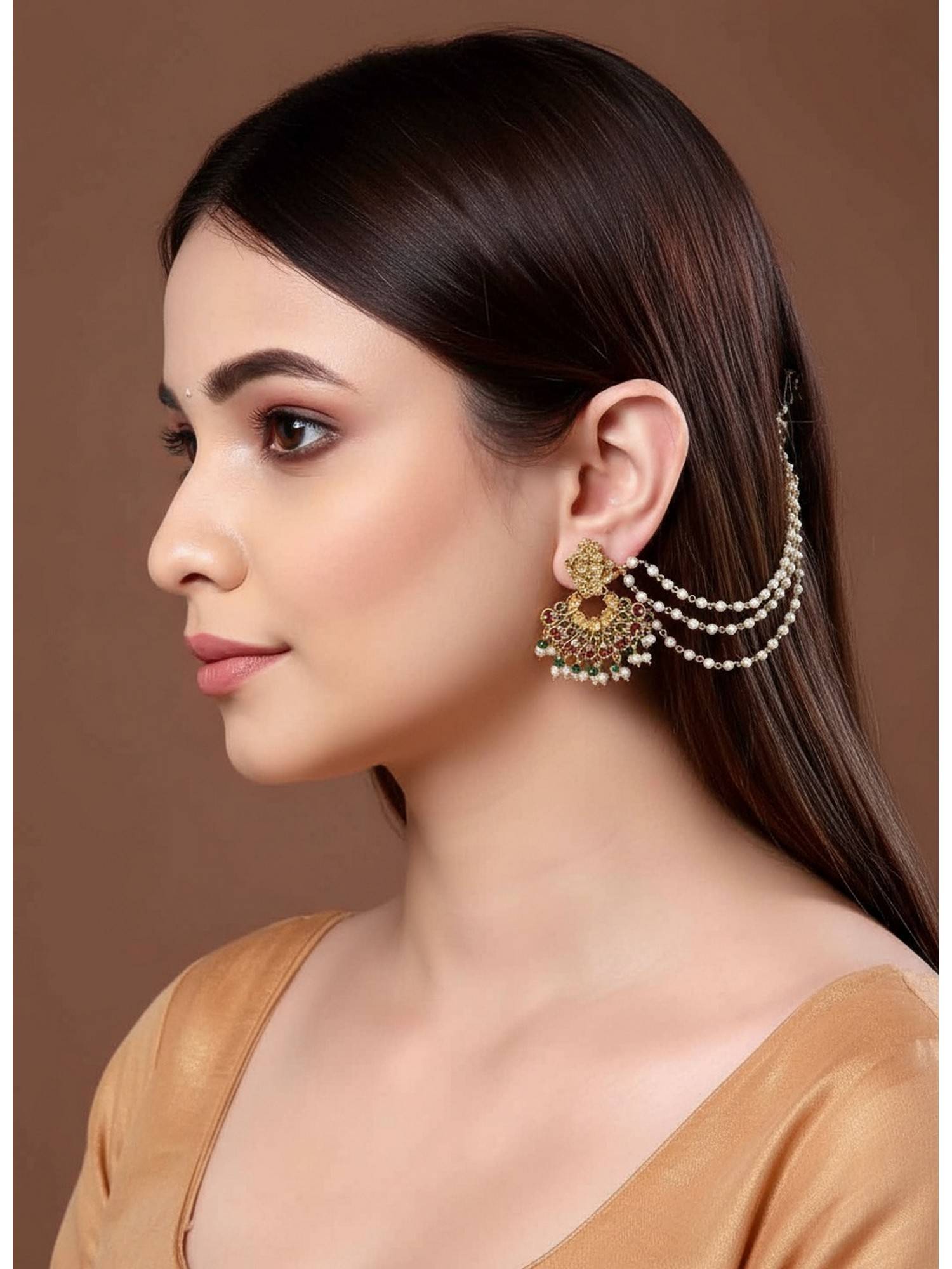 NVR Pearl Studded Classic Gold Plated 3 Line Ear Chain Ear Cuff