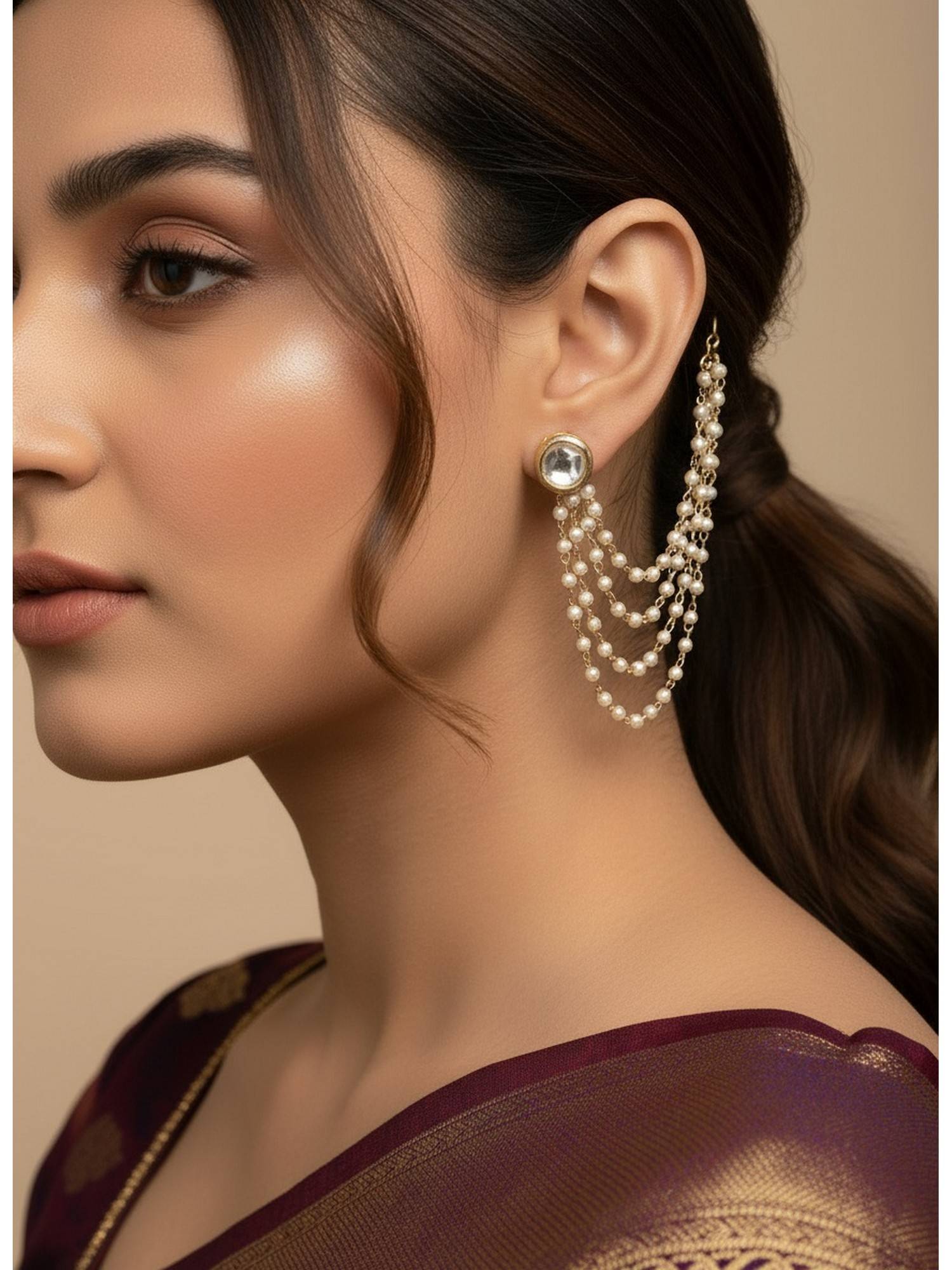 NVR Pearl Studded Classic Gold Plated 4 Line Ear Chain Ear Cuff
