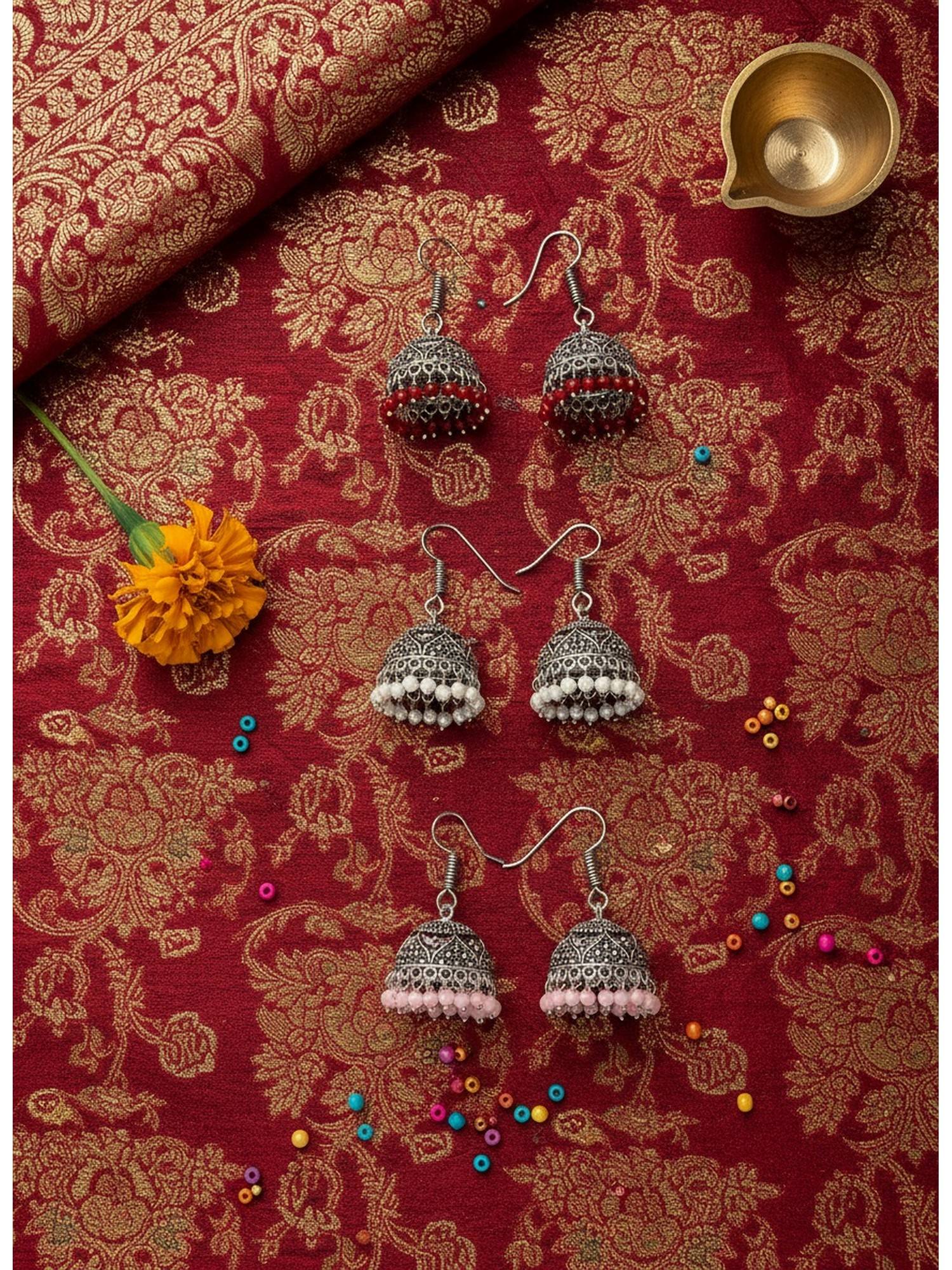 NVR Oxidized Silver Plated Multicolour Artificial Beads Jhumka Earrings (Pack Of 3)