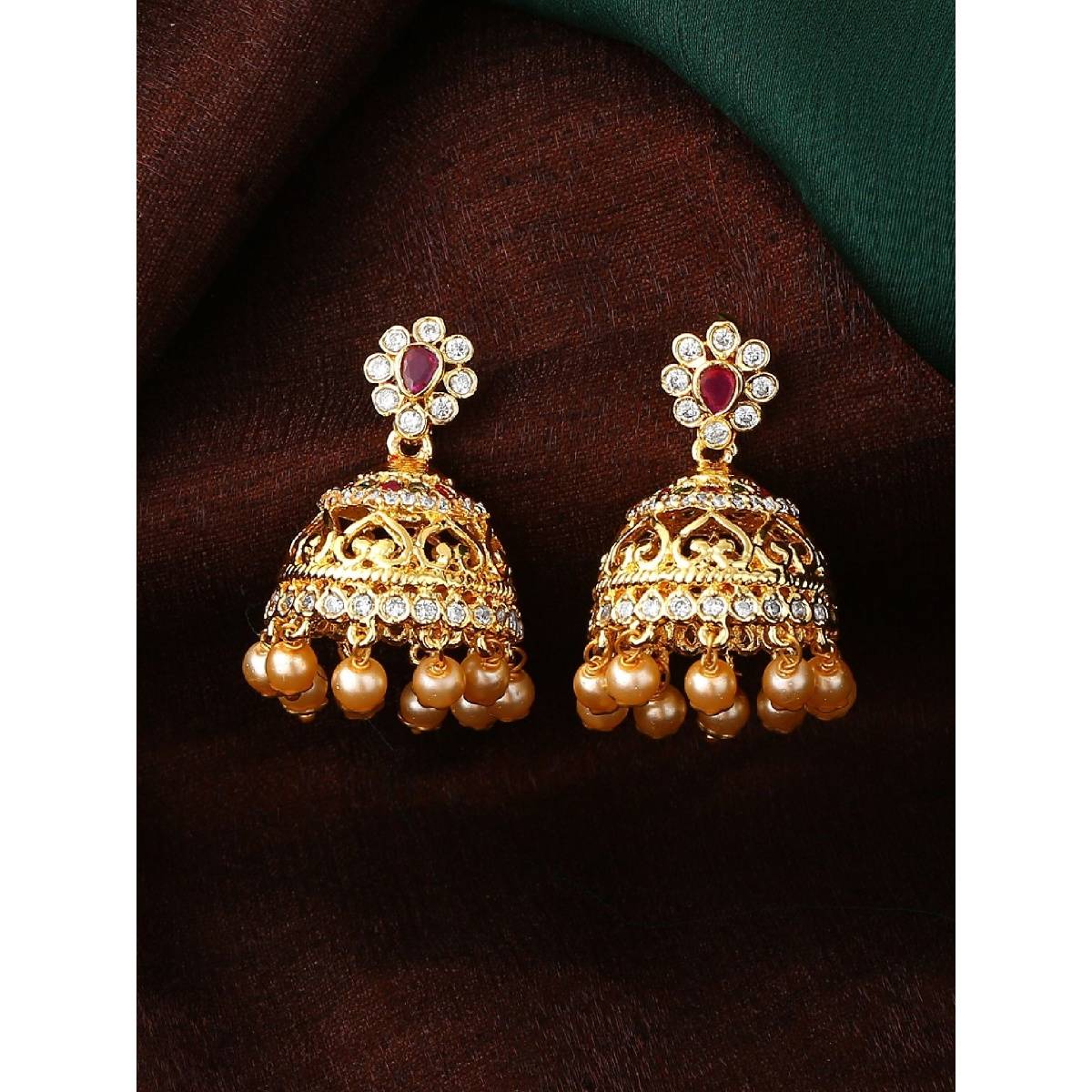 Estele Gold Plated Cz Elegant Jhumka Earrings With Pearl And Pink Crystals For Women