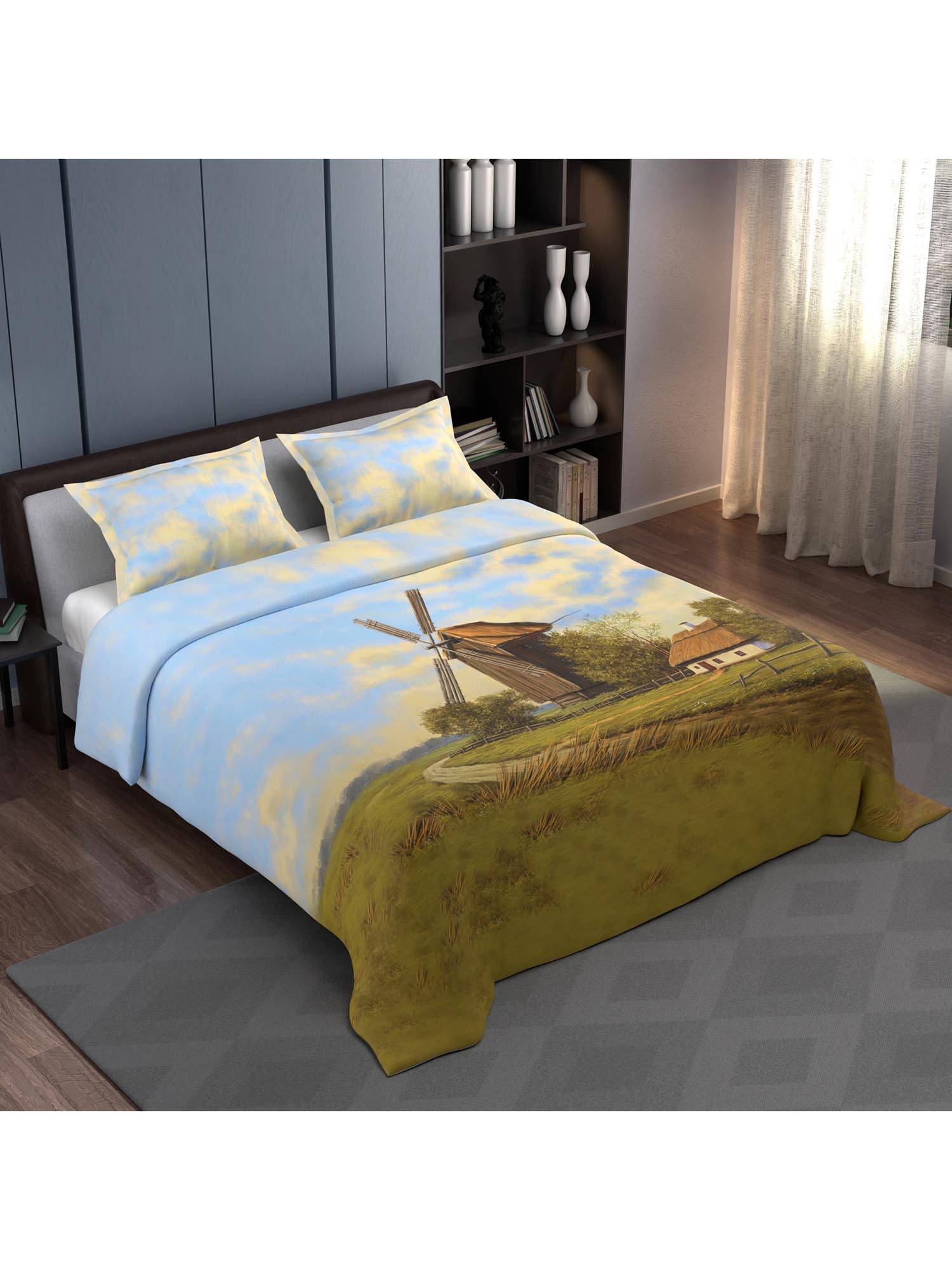 Synergized Cotton 300 TC Bedsheet With 2 Pillow Covers Calm Riverbank Landscape Design Super King