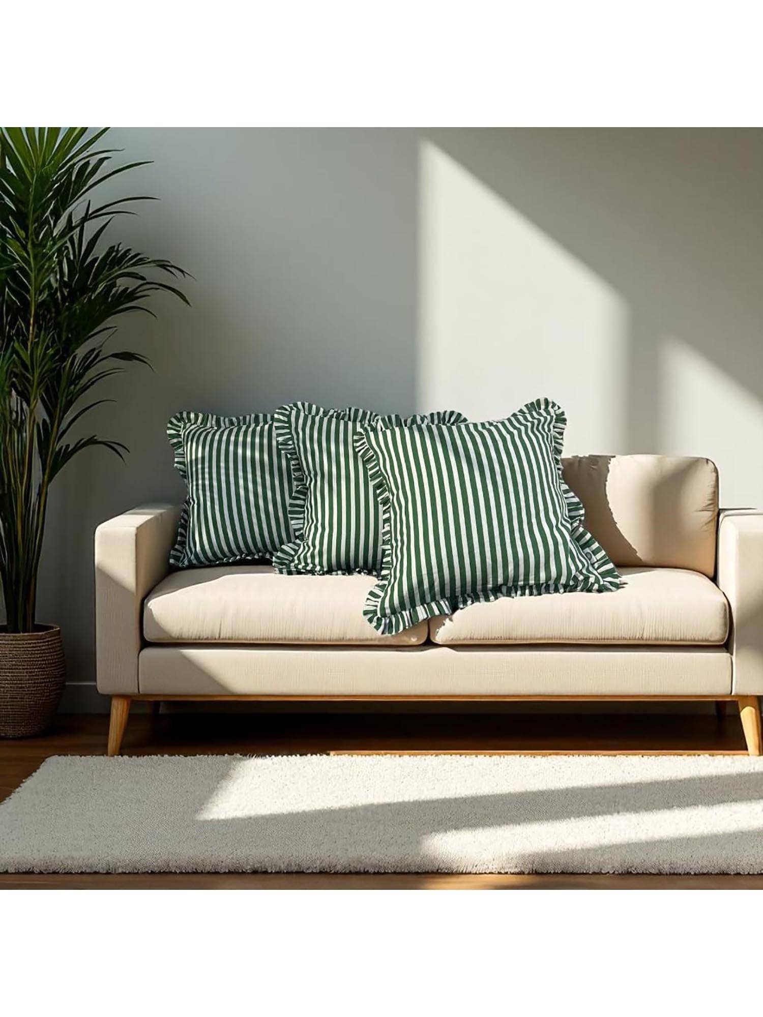 LUSHLYF Palm Parade Ruffle Cushion Cover Green & Cream Stripe With Frilled Edges (Pack of 3)