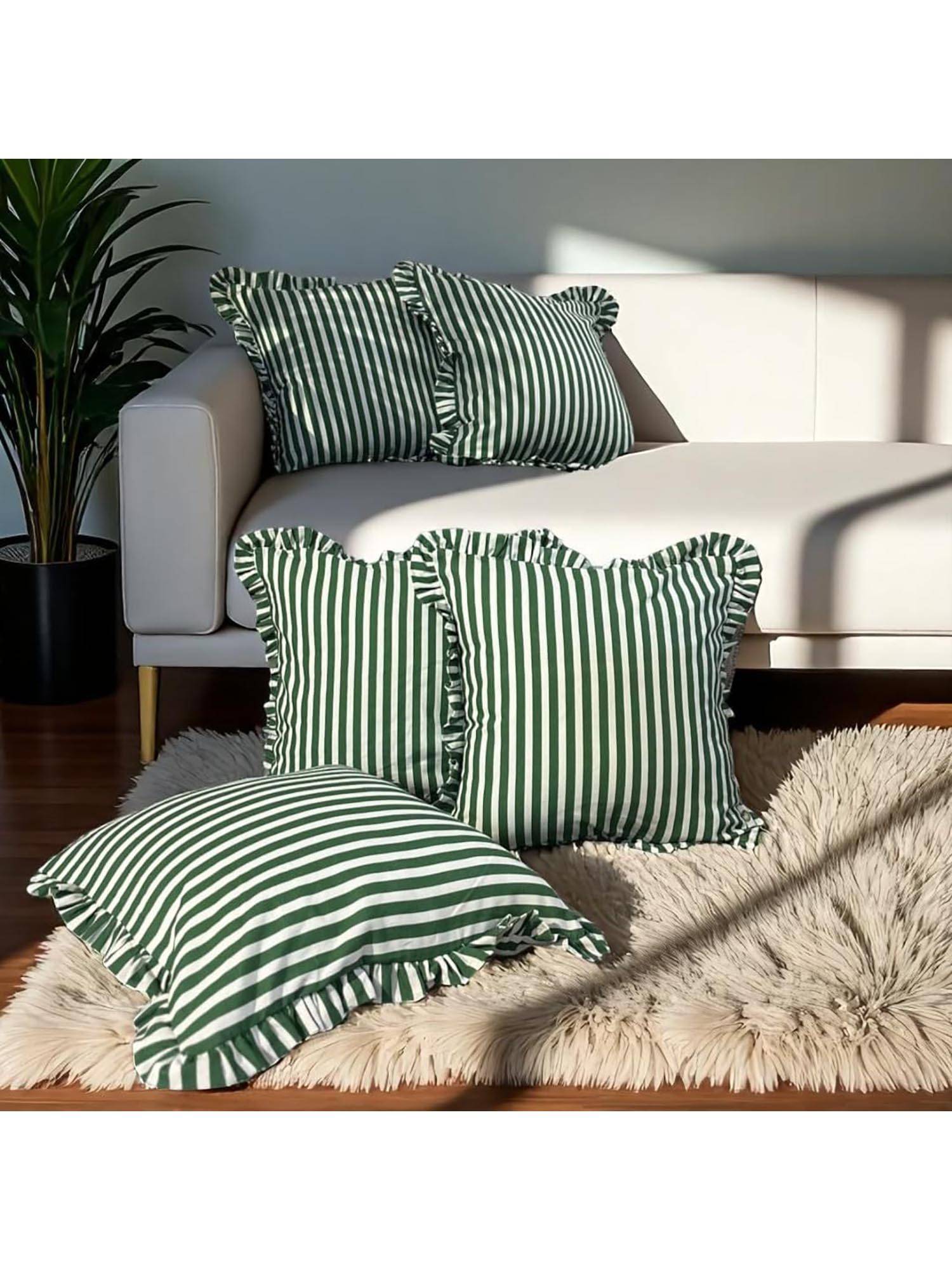 LUSHLYF Palm Parade Ruffle Cushion Cover Green & Cream Stripe With Frilled Edges (Pack of 5)