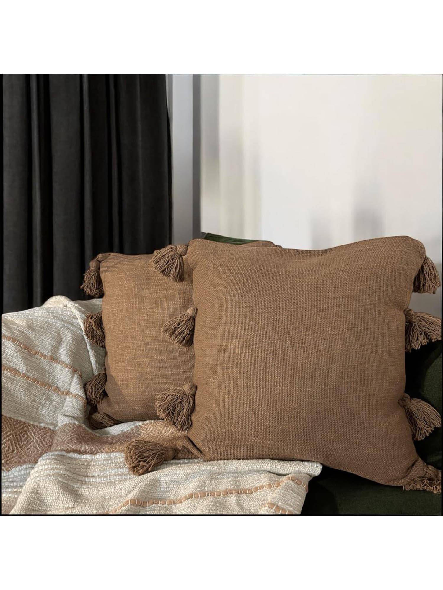 LUSHLYF Rustic Charm Tassel Tufted Cushion Cover Handcrafted Tassels (Pack of 2)