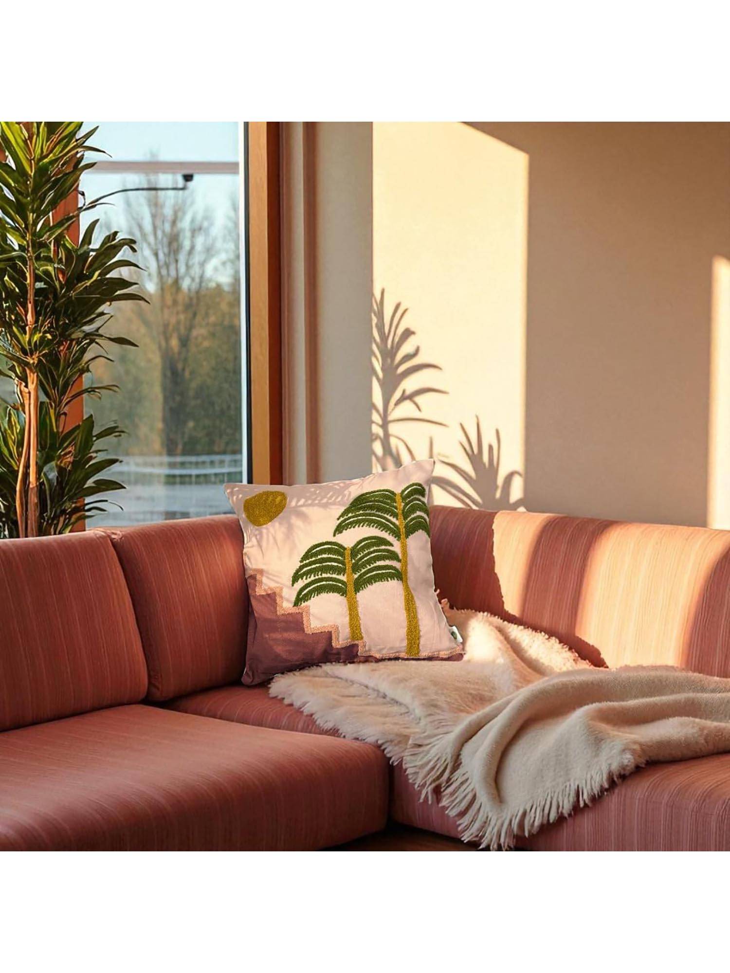 LUSHLYF Sunset Steps Embroidered Cushion Cover Hand-Embroidered Palm & Sunset Design