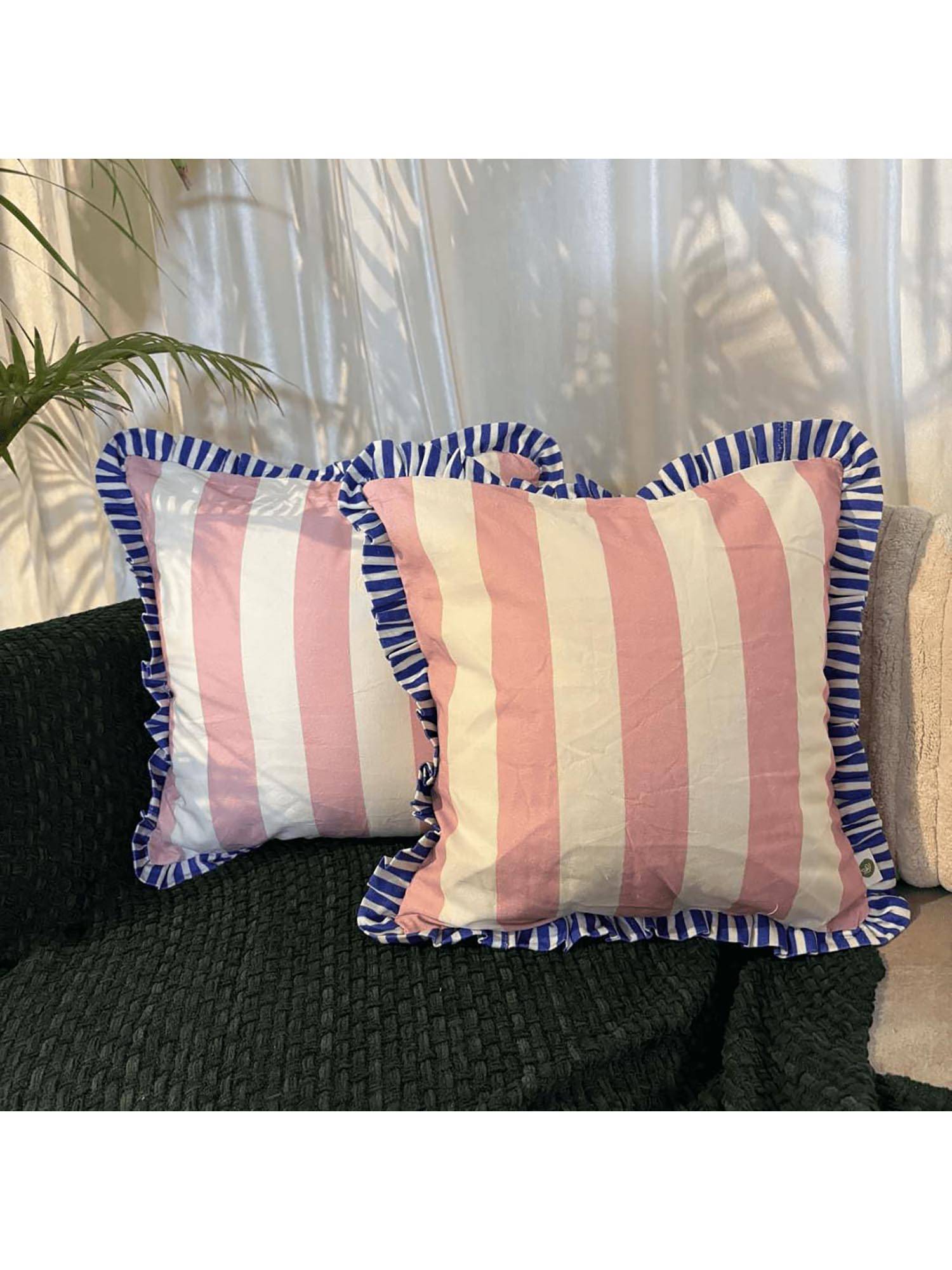 LUSHLYF Summer Sorbet Ruffle Cushion Cover Pink & Cream Stripe Blue Frilled Edges (Pack of 2)