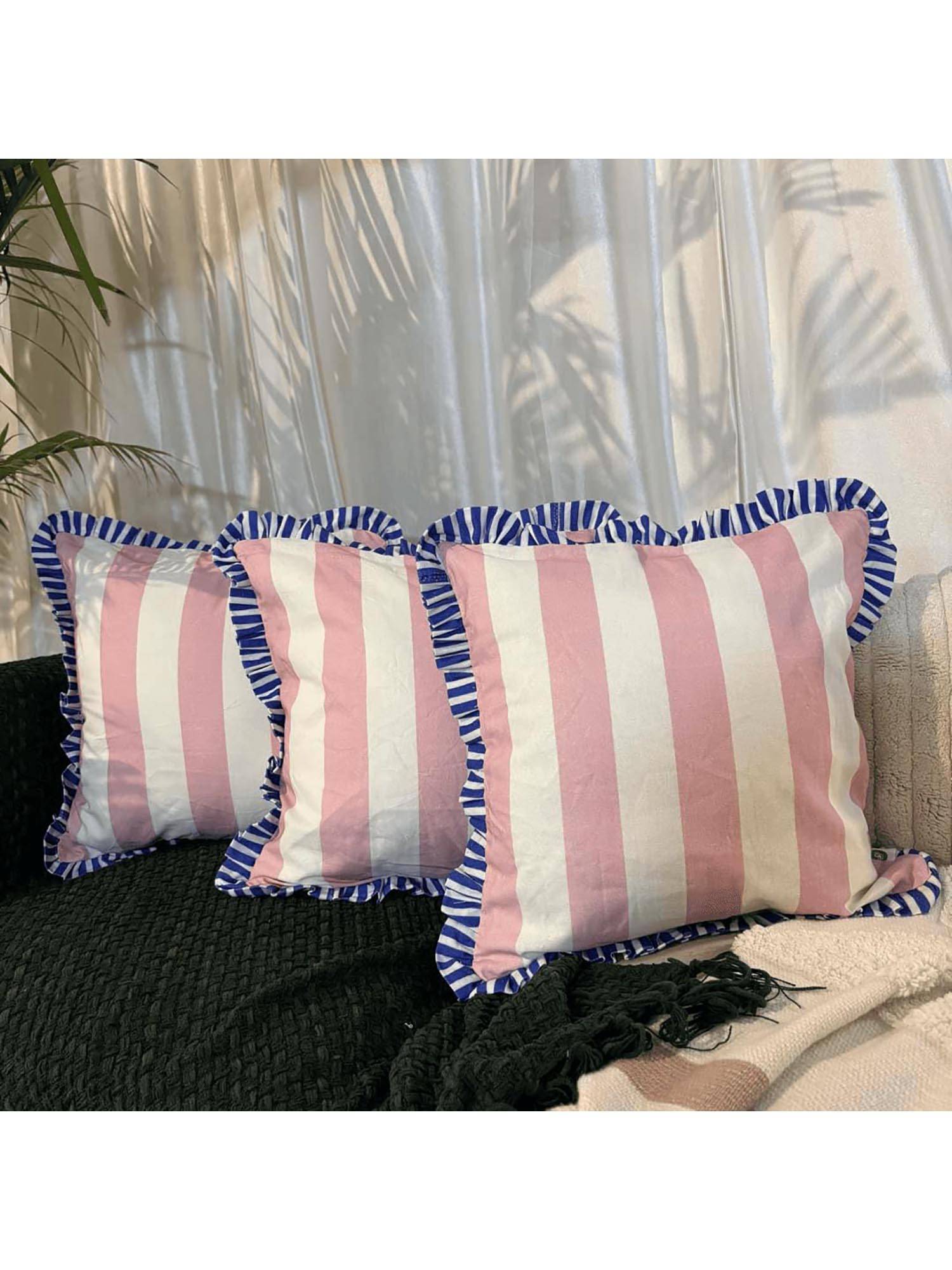 LUSHLYF Summer Sorbet Ruffle Cushion Cover Pink & Cream Stripe Blue Frilled Edges (Pack of 3)