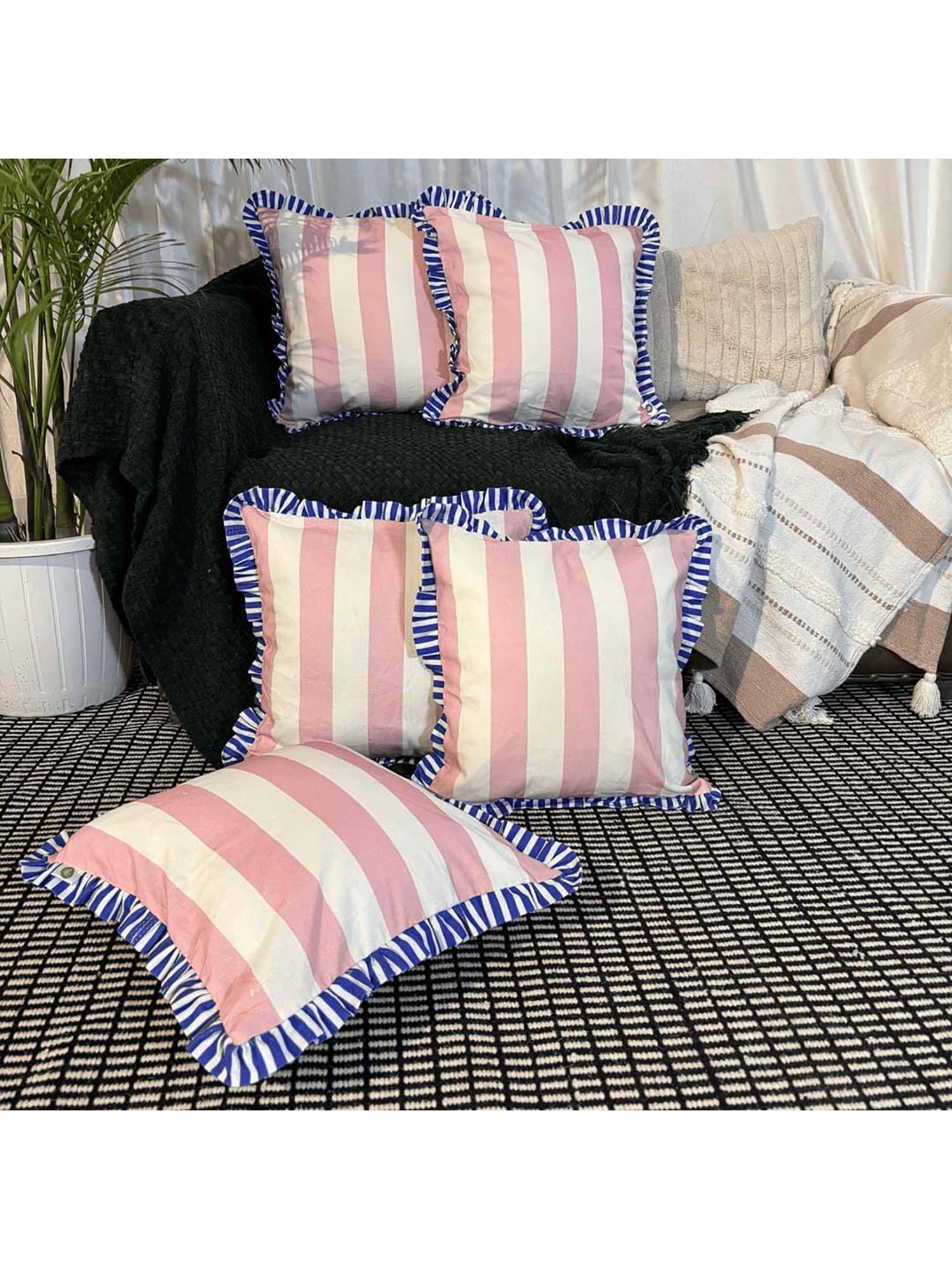 LUSHLYF Summer Sorbet Ruffle Cushion Cover Pink & Cream Stripe Blue Frilled Edges (Pack of 5)