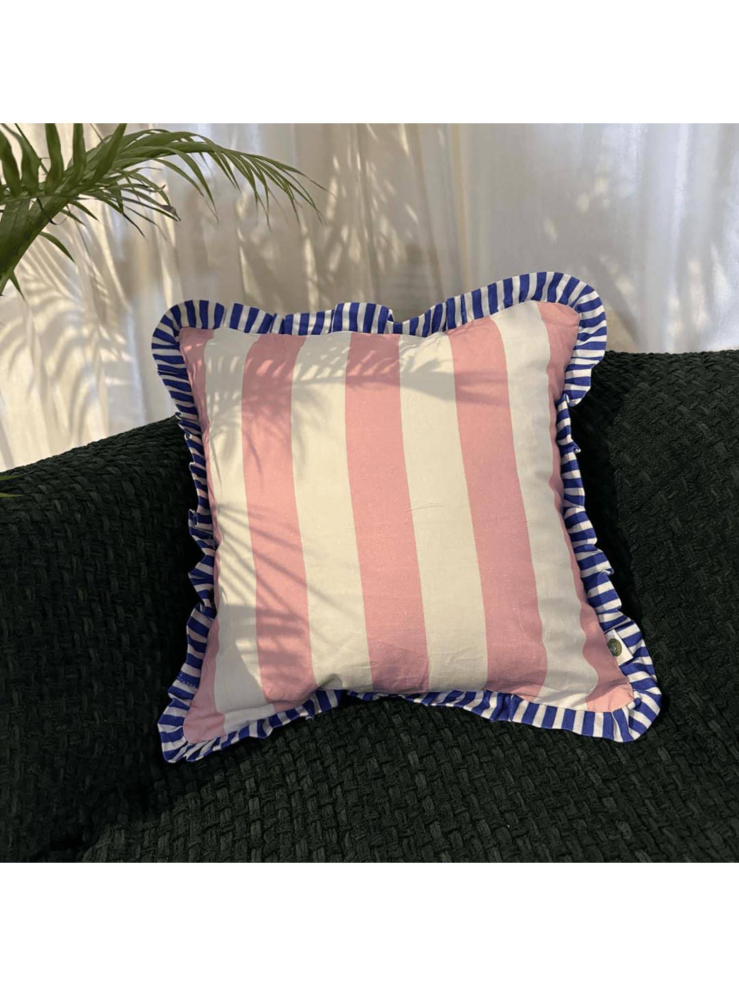 LUSHLYF Summer Sorbet Ruffle Cushion Cover Pink & Cream Stripe Blue Frilled Edges
