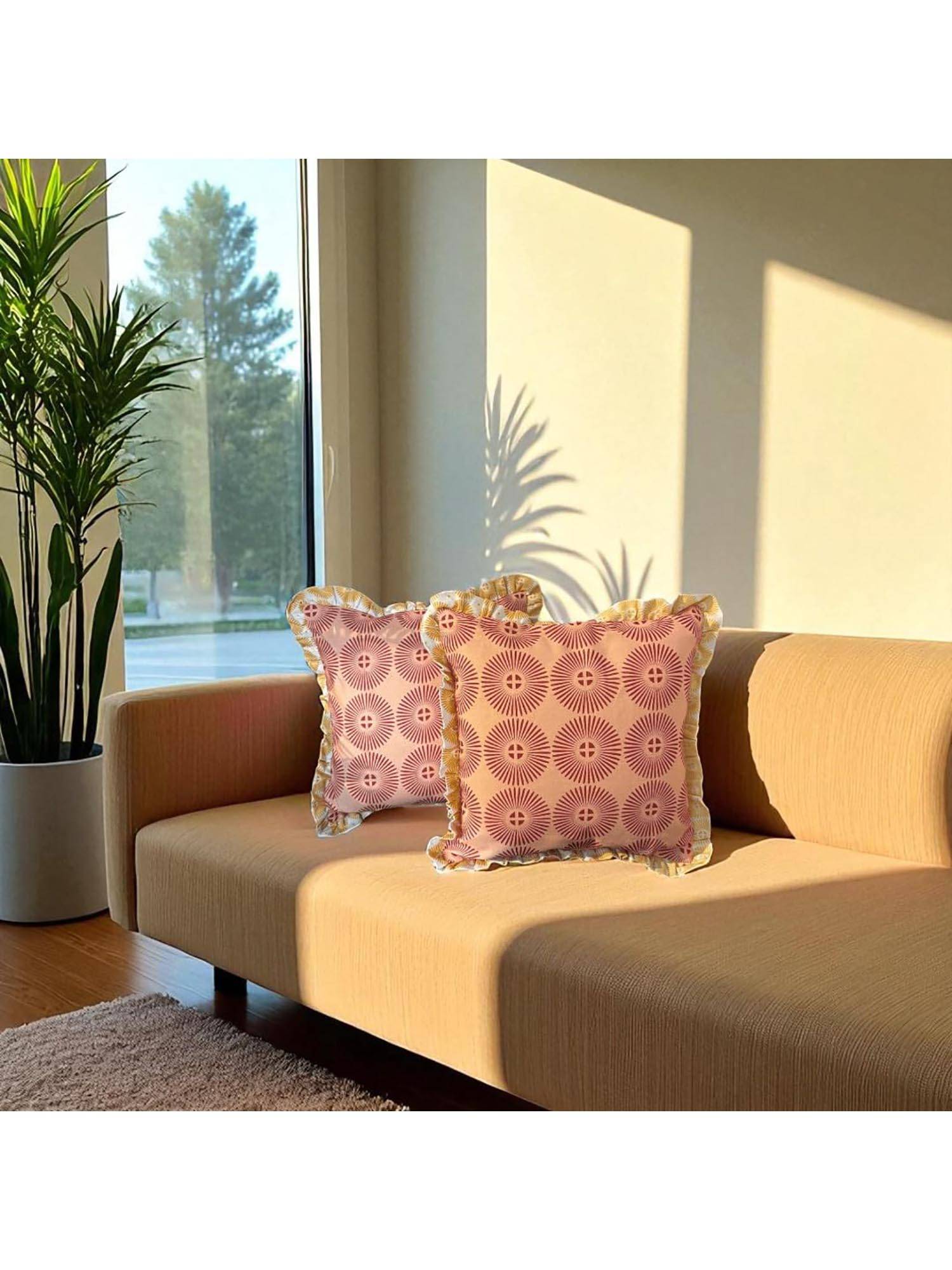 LUSHLYF Terracotta Sunburst Ruffle Cushion Cover Sun Print Throw With Golden Ruffle Edge (Pack of 2)