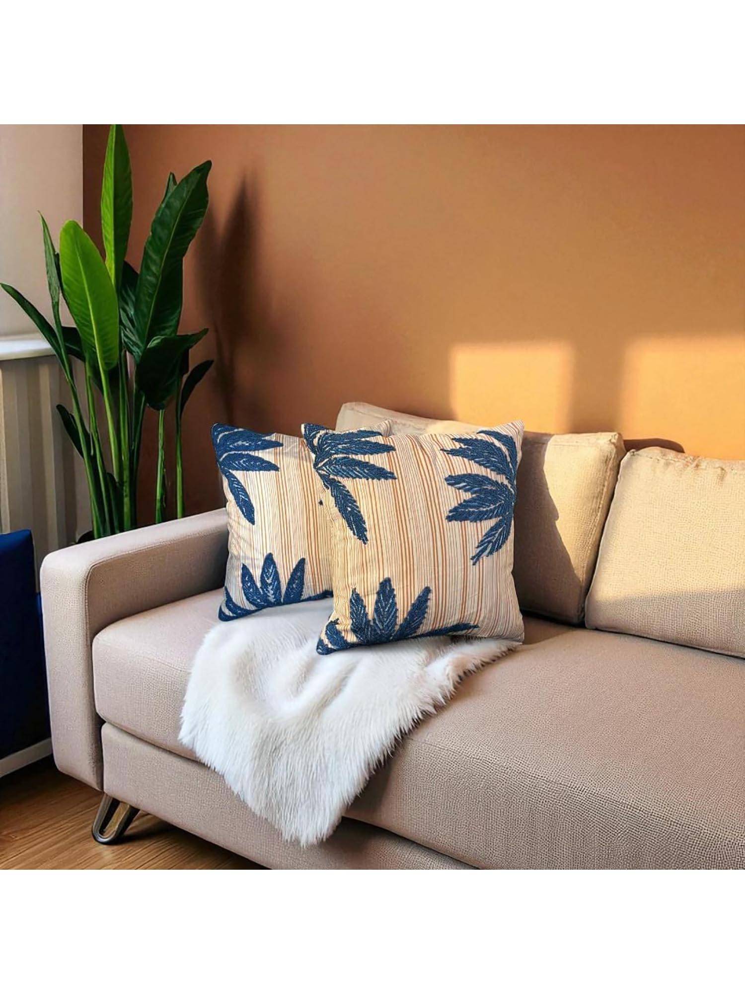 LUSHLYF Tropical Whisper Embroidered Cushion Cover Blue Palm Leaf On Rust Stripe (Pack of 2)
