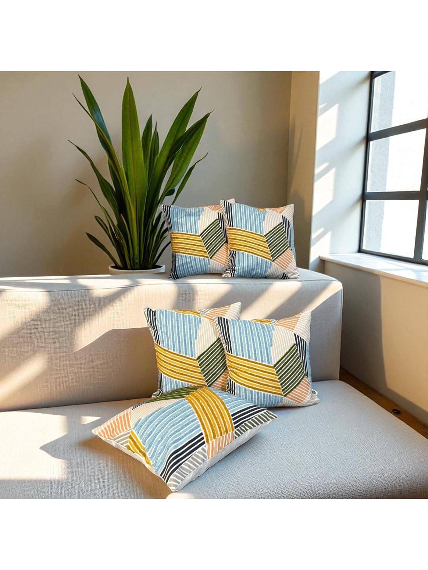 LUSHLYF Urban Mosaic Embroidered Cushion Cover Cotton Slub Aari Work Patchwork (Pack of 5)