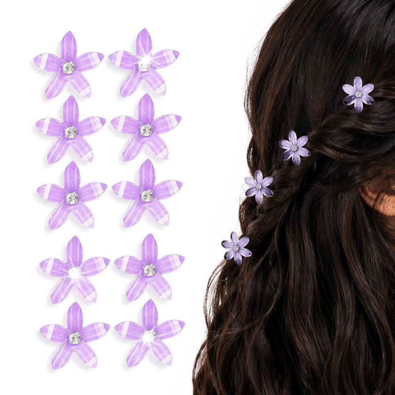 Matra Flower Hair Clips Small Clutchers Cute Mini Crystal Pony Tail Purple Set of 10 for Women &Kids