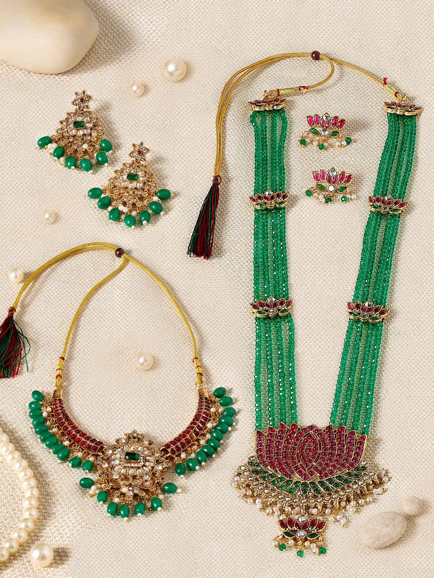 Zaveri Pearls Pink Green Stones Beads Jewellery Set (Pack of 2)