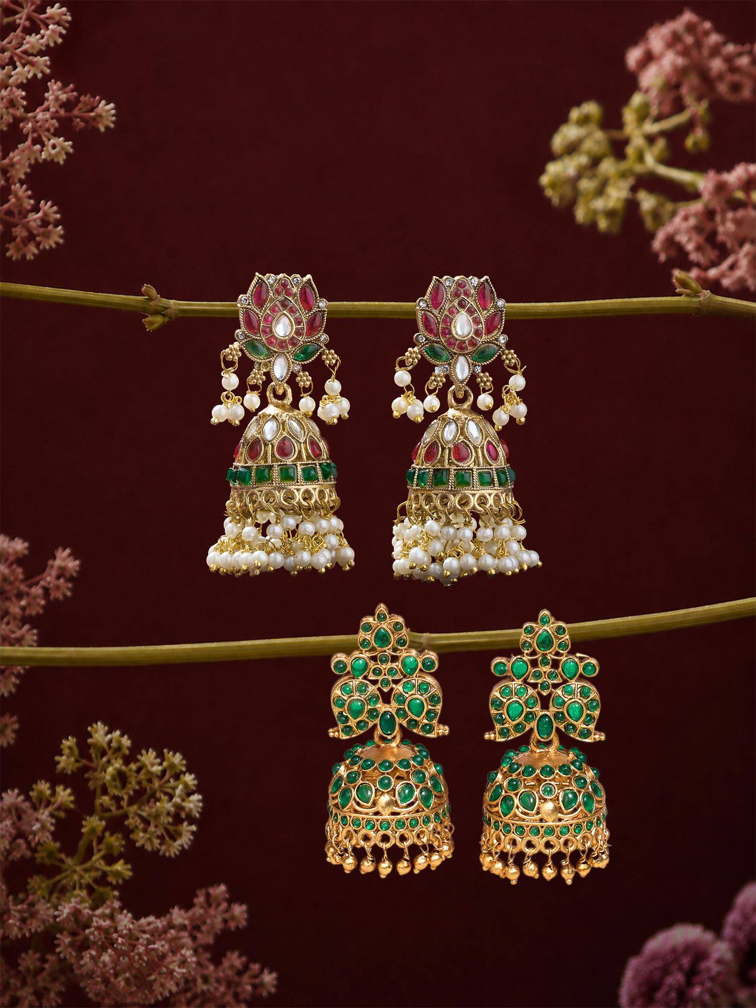 Zaveri Pearls Pink Green Stones Beads Embellish Jhumka Earrings (Pack of 2)