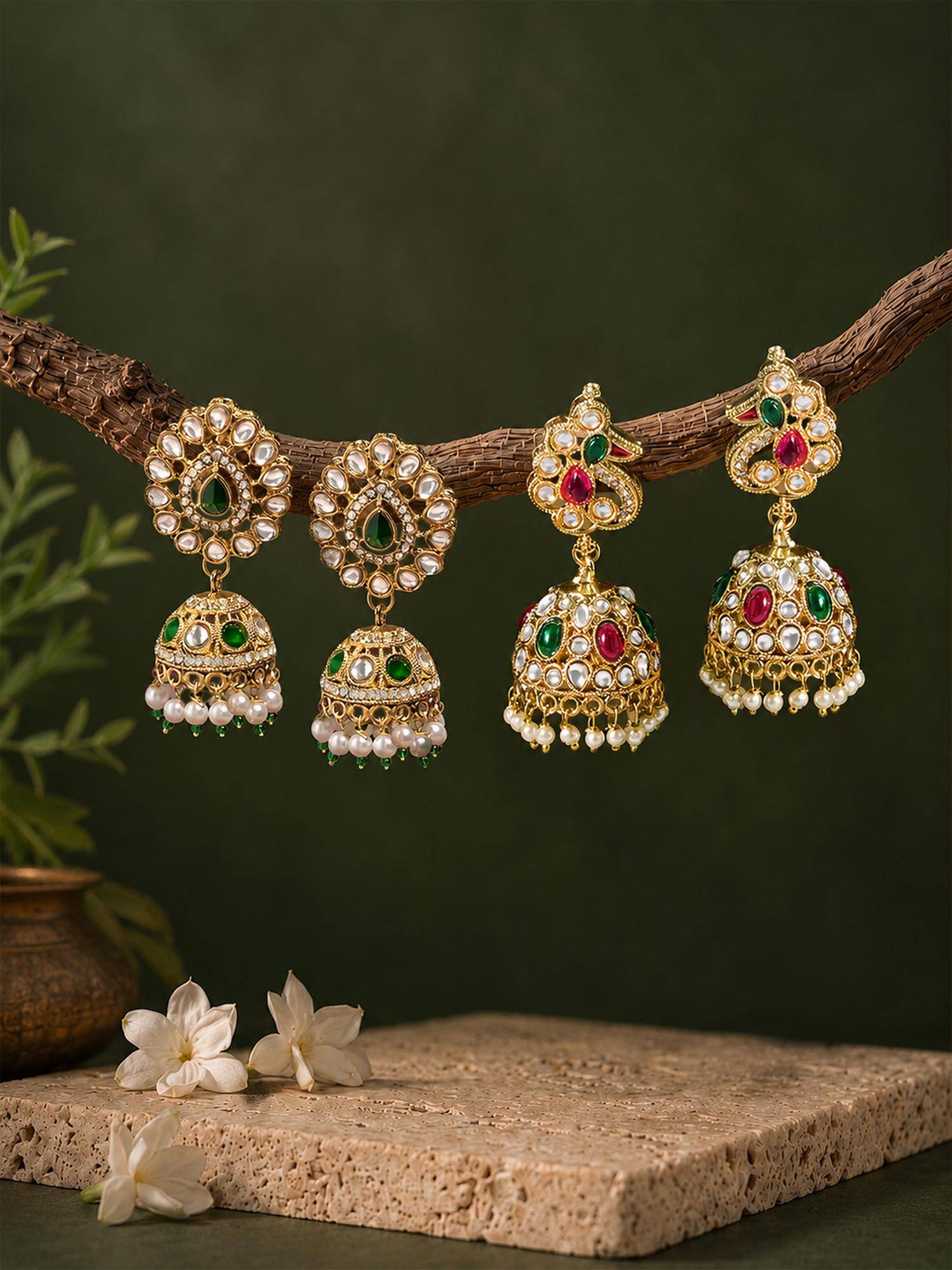 Zaveri Pearls Green Pink Stones Dangling Beads Jhumka Earrings (Pack of 2)