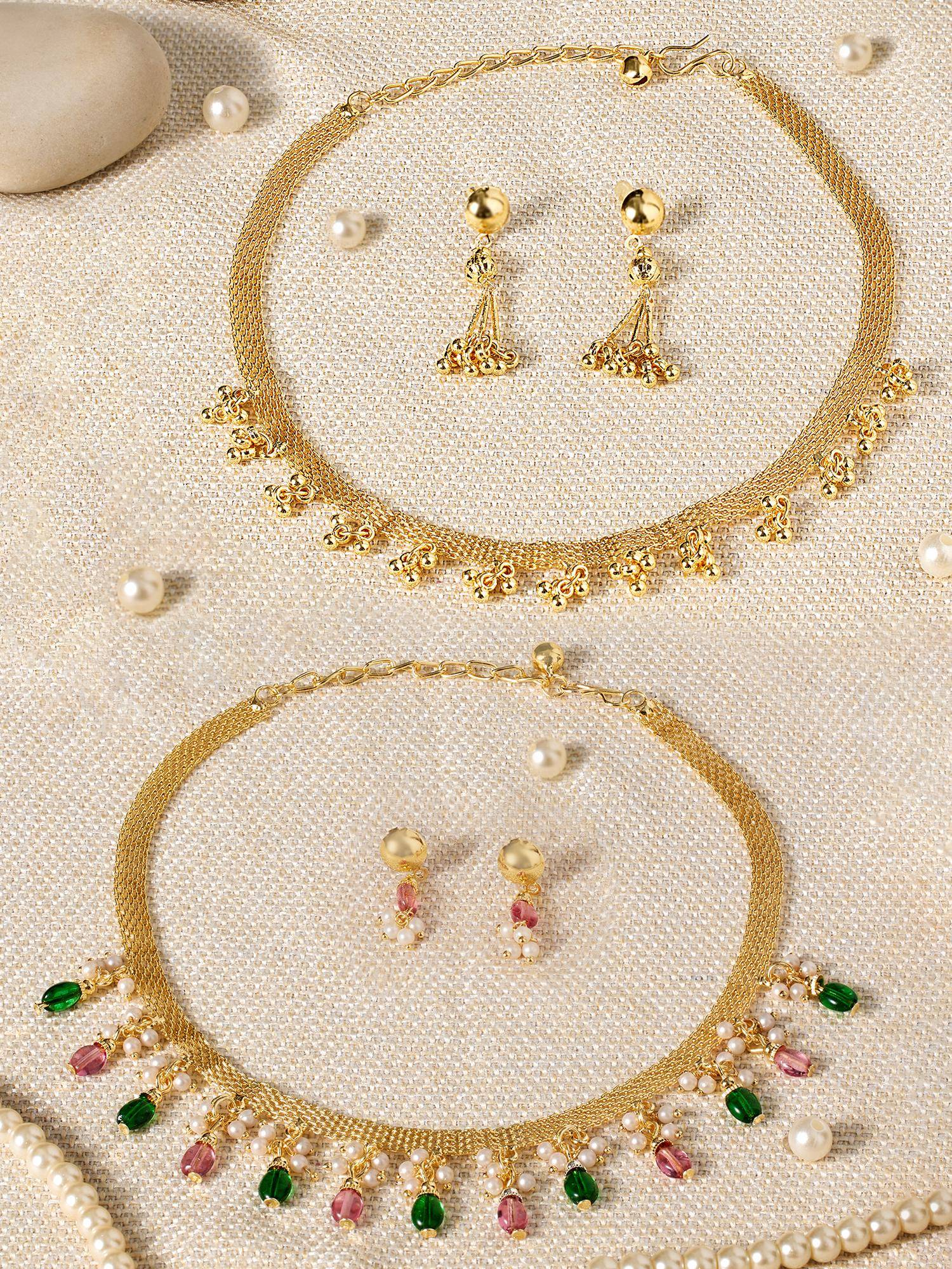 Zaveri Pearls Pink Green Beads Drop Jewellery Set (Pack of 2)