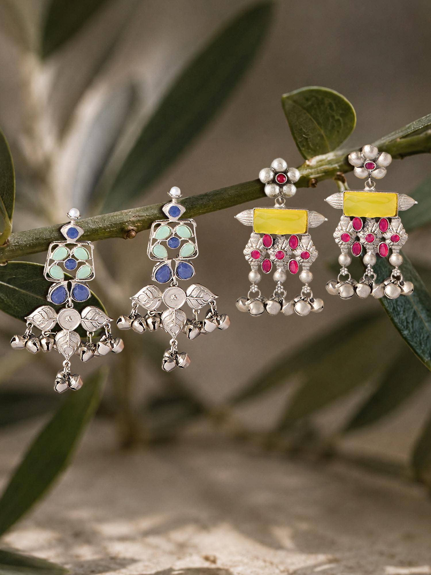 Zaveri Pearls Multicolor Stone Ghungroo Oxidised Dangle Earrings (Pack of 2)