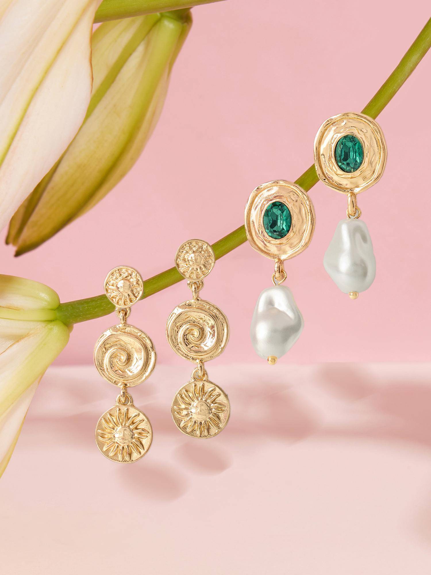 Zaveri Pearls Green Stones Baroque Pearls Drop Earrings (Pack of 2)