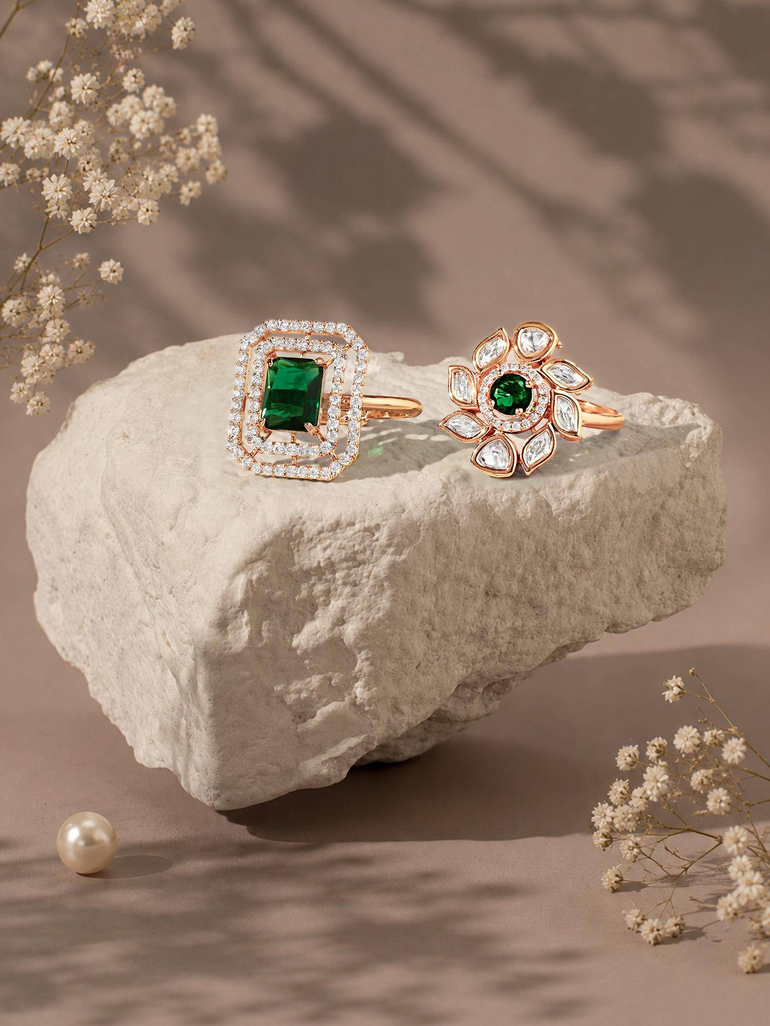 Zaveri Pearls Green Cubic Zirconia Contemporary Brass Rings (Adjustable) (Pack of 2)