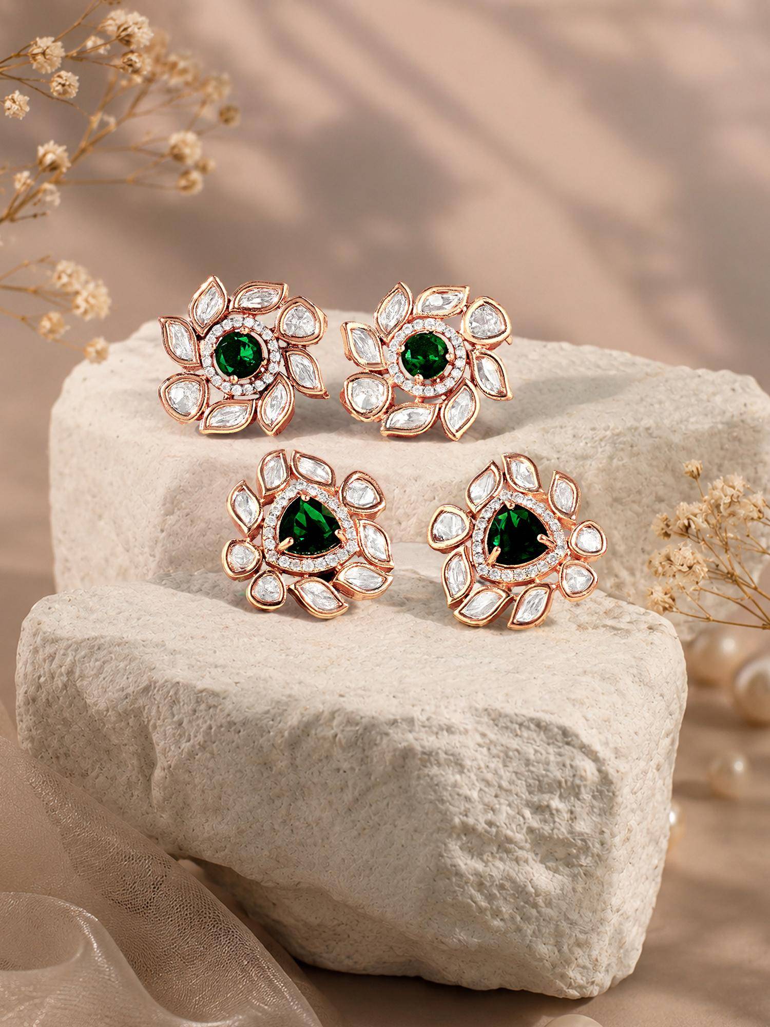 Zaveri Pearls Green Cubic Zirconia Contemporary Studs Earrings (Pack of 2)