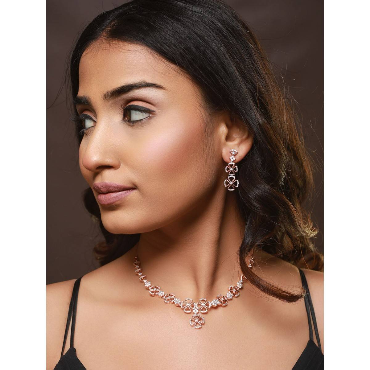 Aatmana Rose Gold Plated CZ Studded Floral Jewellery Set