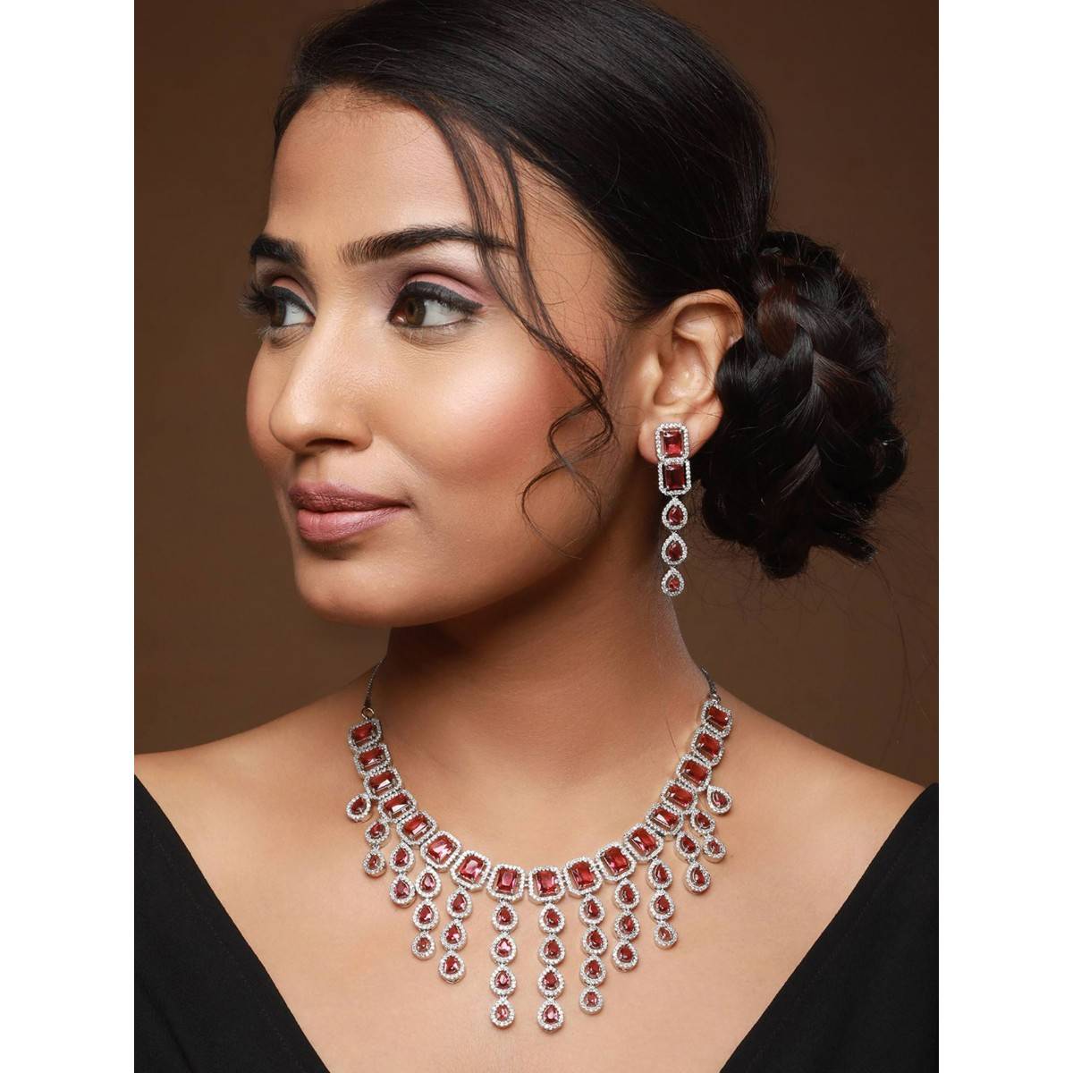 Aatmana Women Silver Plated & Pink CZ Stone Emerald Handcrafted Jewellery Set