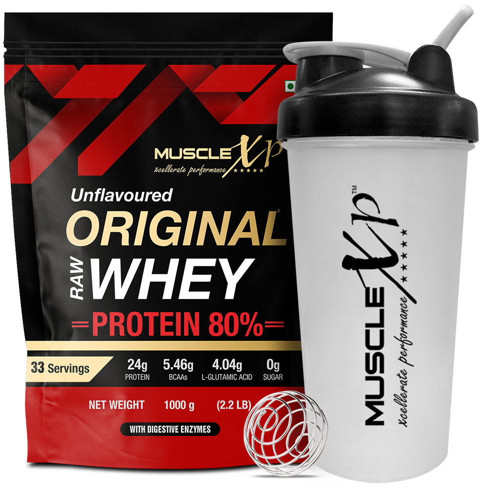 MuscleXP Raw Whey Protein Concentrate 80% Powder, Unflavored + Shaker