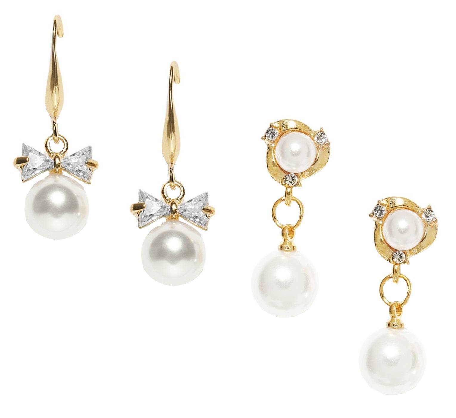 OOMPH Set Of 2 Gold Tone White Pearl Office-Wear Fashion Delicate Drop Earrings