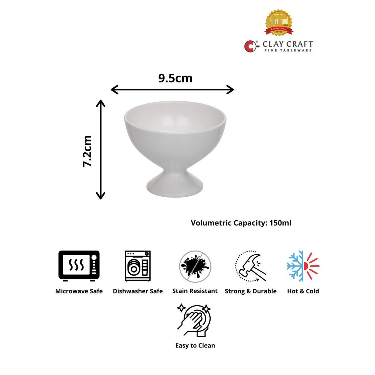 CLAY CRAFT Fine Ceramic White Ice Cream Bowl Set of 4 150 ml Each