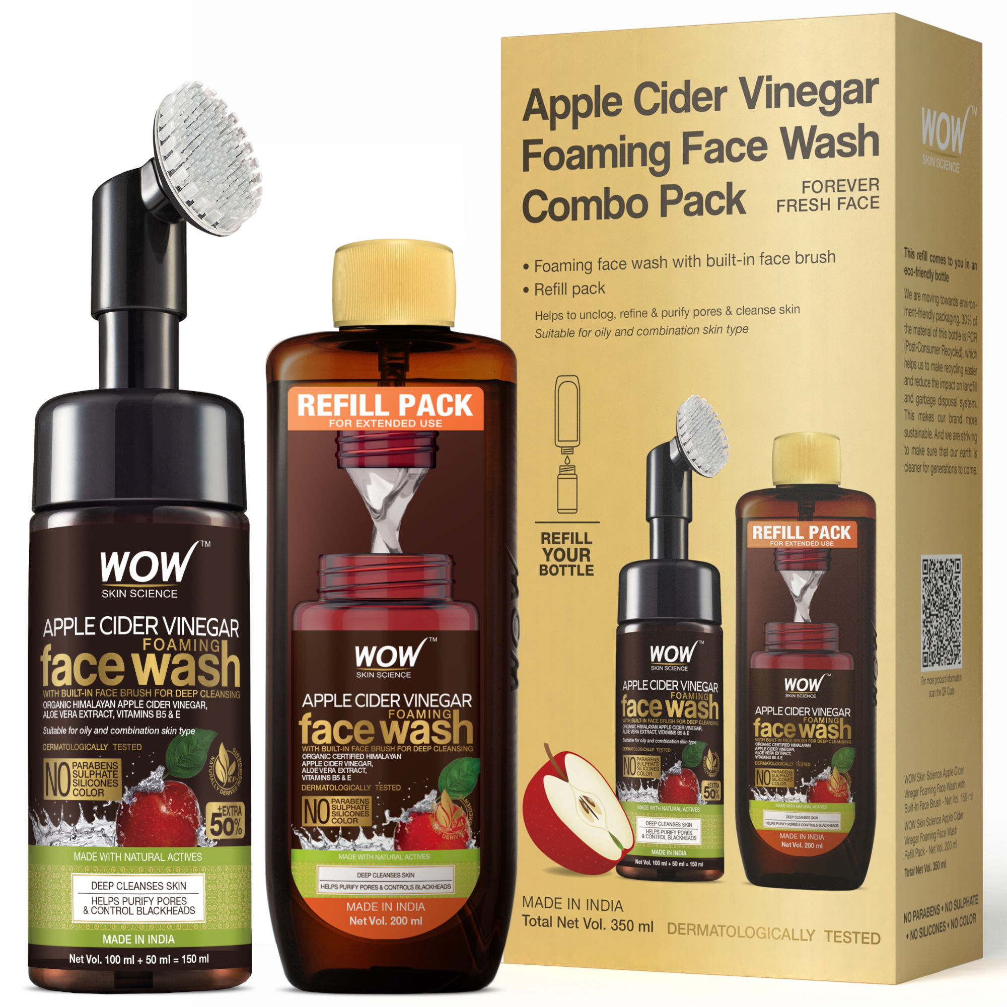 WOW Skin Science Apple Cider Vinegar Foaming Face Wash + Refill Combo Pack