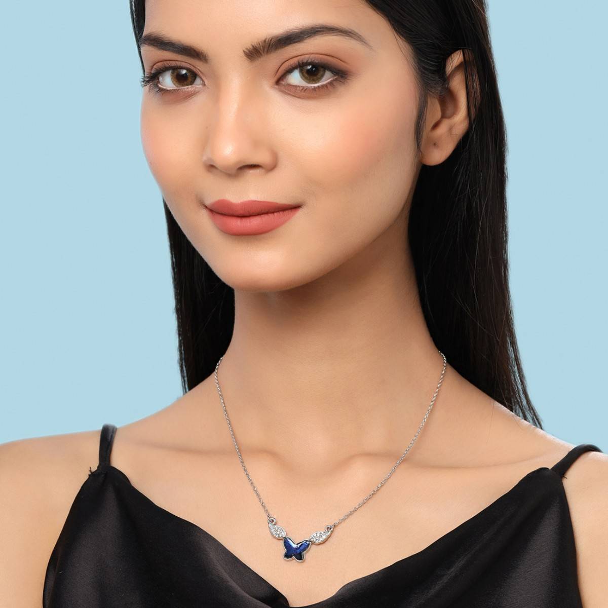 Yellow Chimes Stone-Studded Butterfly Designed Pendant with Chain