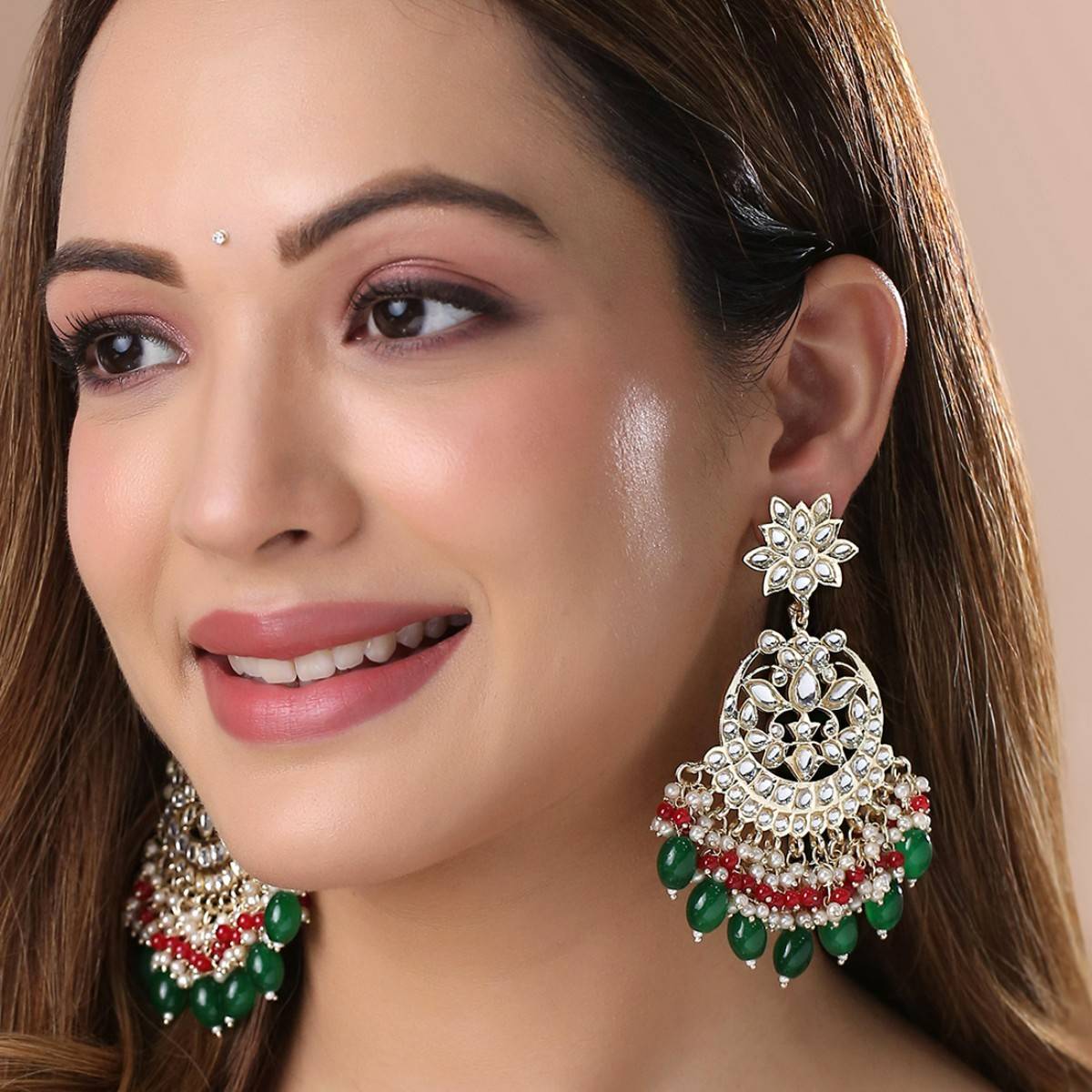 Yellow Chimes Gold Plated Contemporary Kundan Studded Chandbalis Earrings