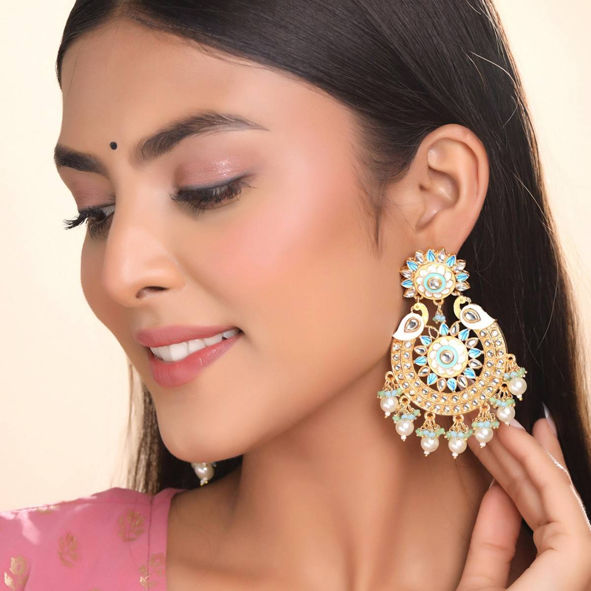 Yellow Chimes Gold-Plated Contemporary Kundan Studded Chandbalis Earrings