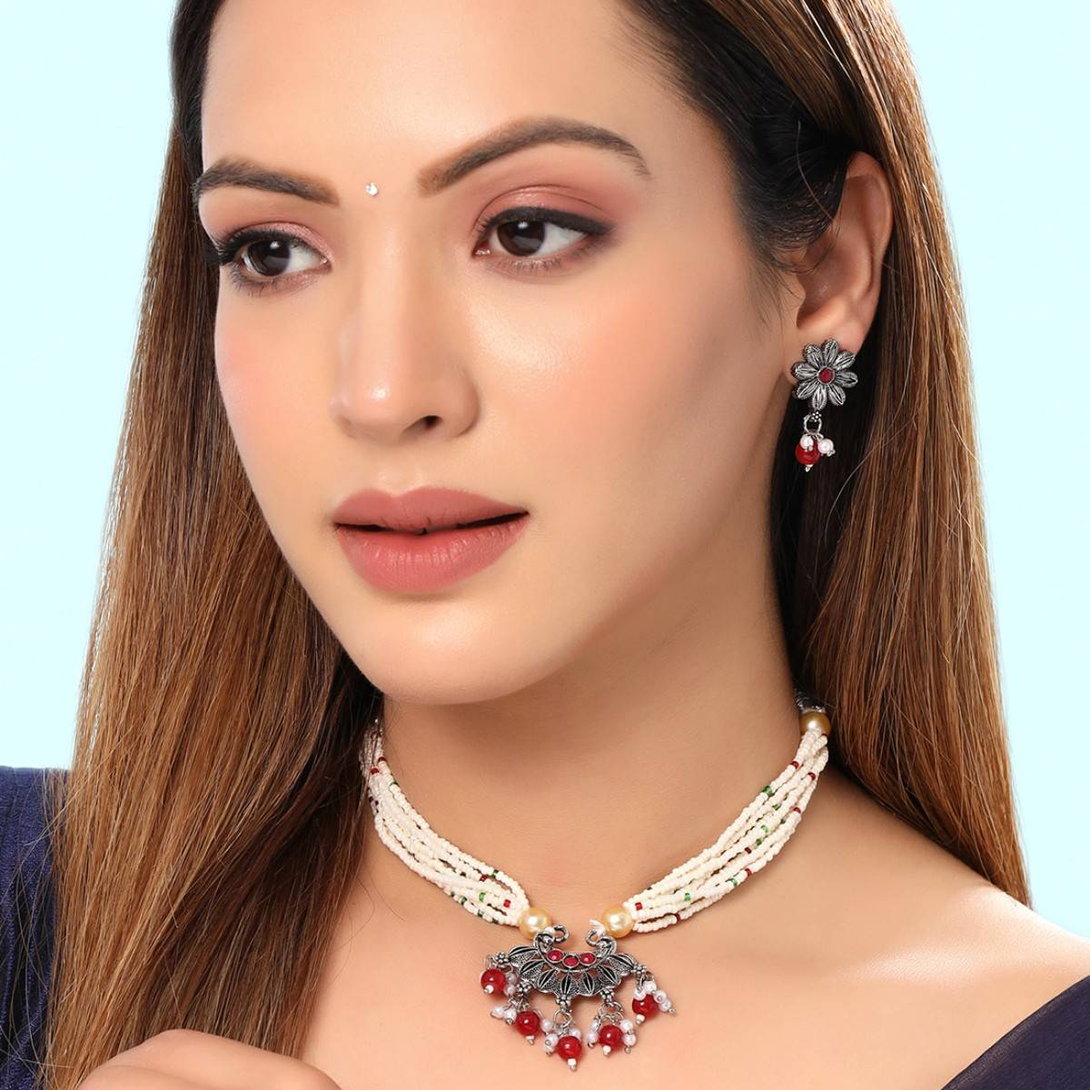 Yellow Chimes Silver-Plated Oxidized Stone Studded & Beaded Necklace and Earrings