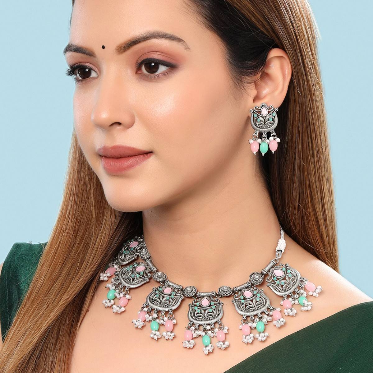 Yellow Chimes Silver-Plated Stone-Studded and Beaded Jewellery Set
