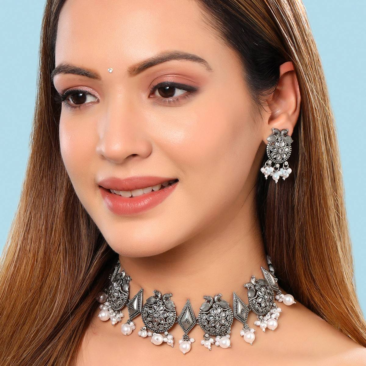 Yellow Chimes Silver-Plated Stone-Studded and Beaded Jewellery Set