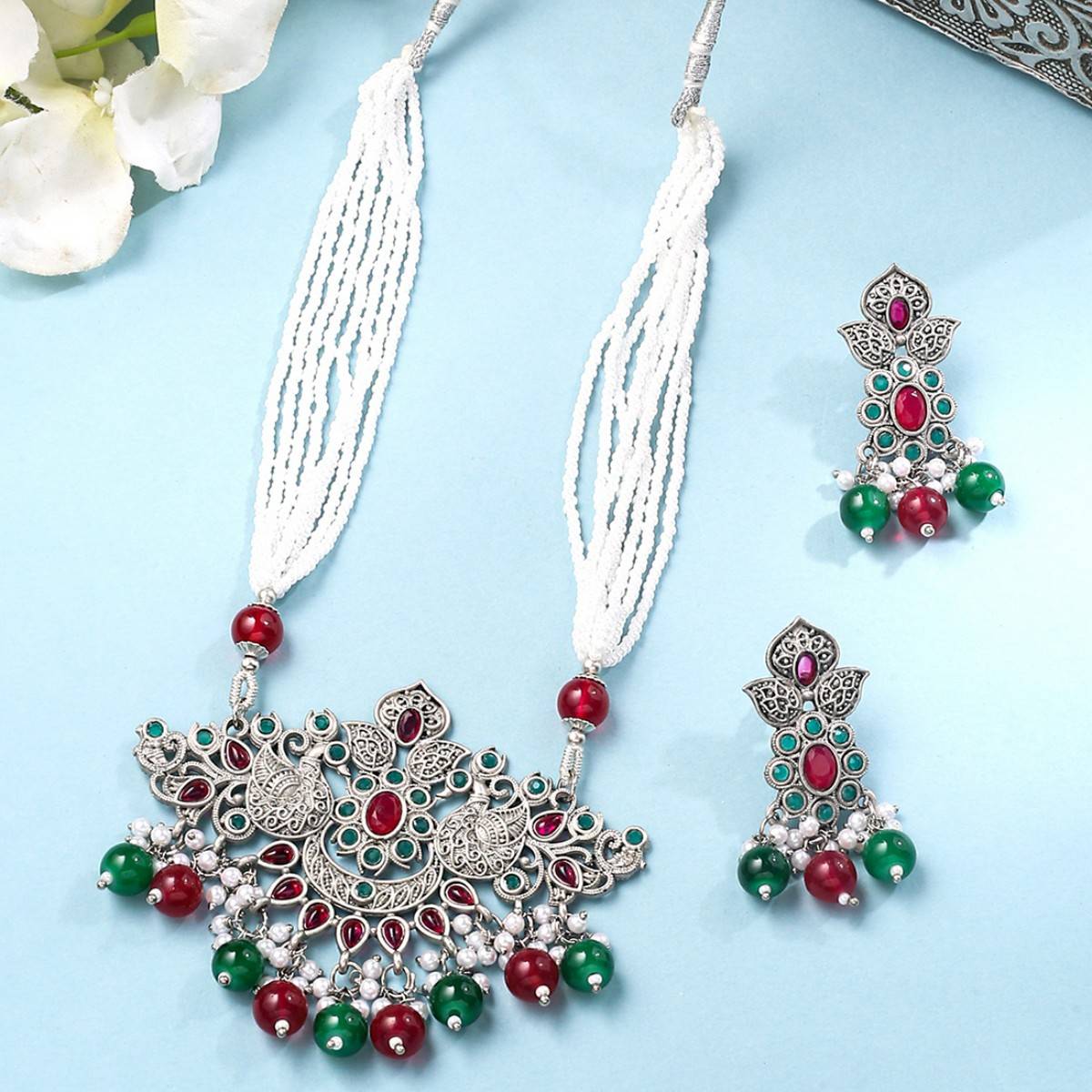 Yellow Chimes Gold-Plated Stone-Studded & Beaded Necklace & Earrings
