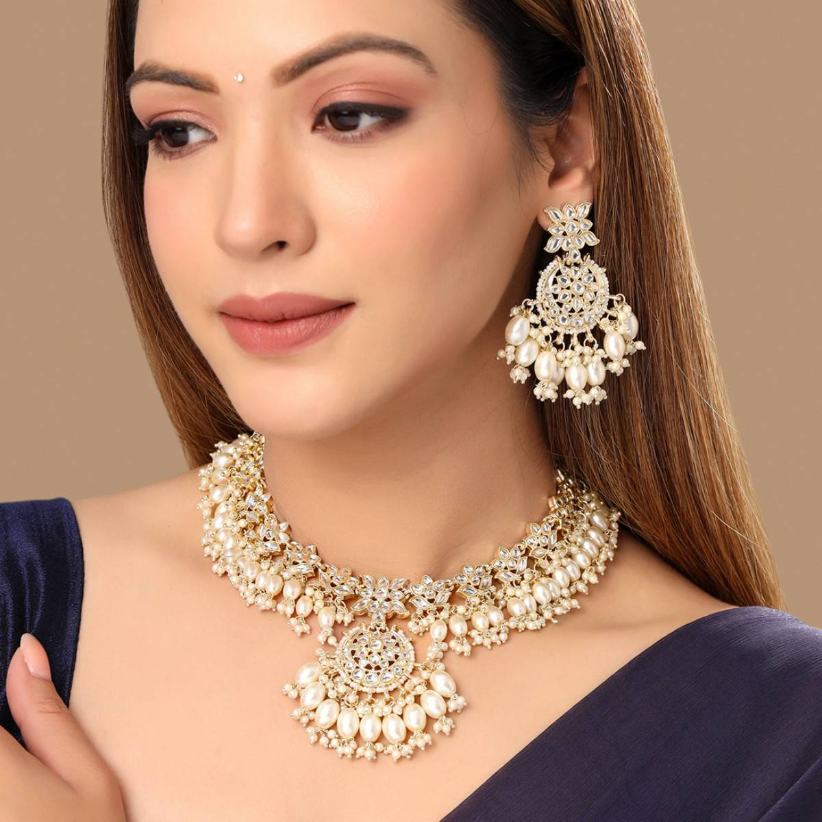 Yellow Chimes Gold-Plated Kundan-Studded Jewellery Set
