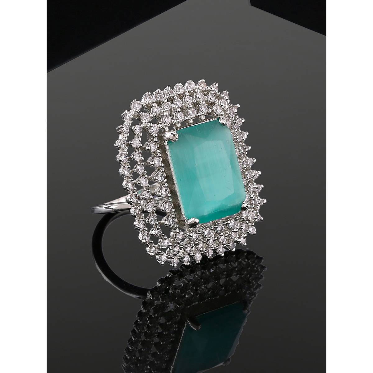 Estele Rhodium Plated Adjustable Cz Sparkling Finger Ring With Mint Green Stone For Women